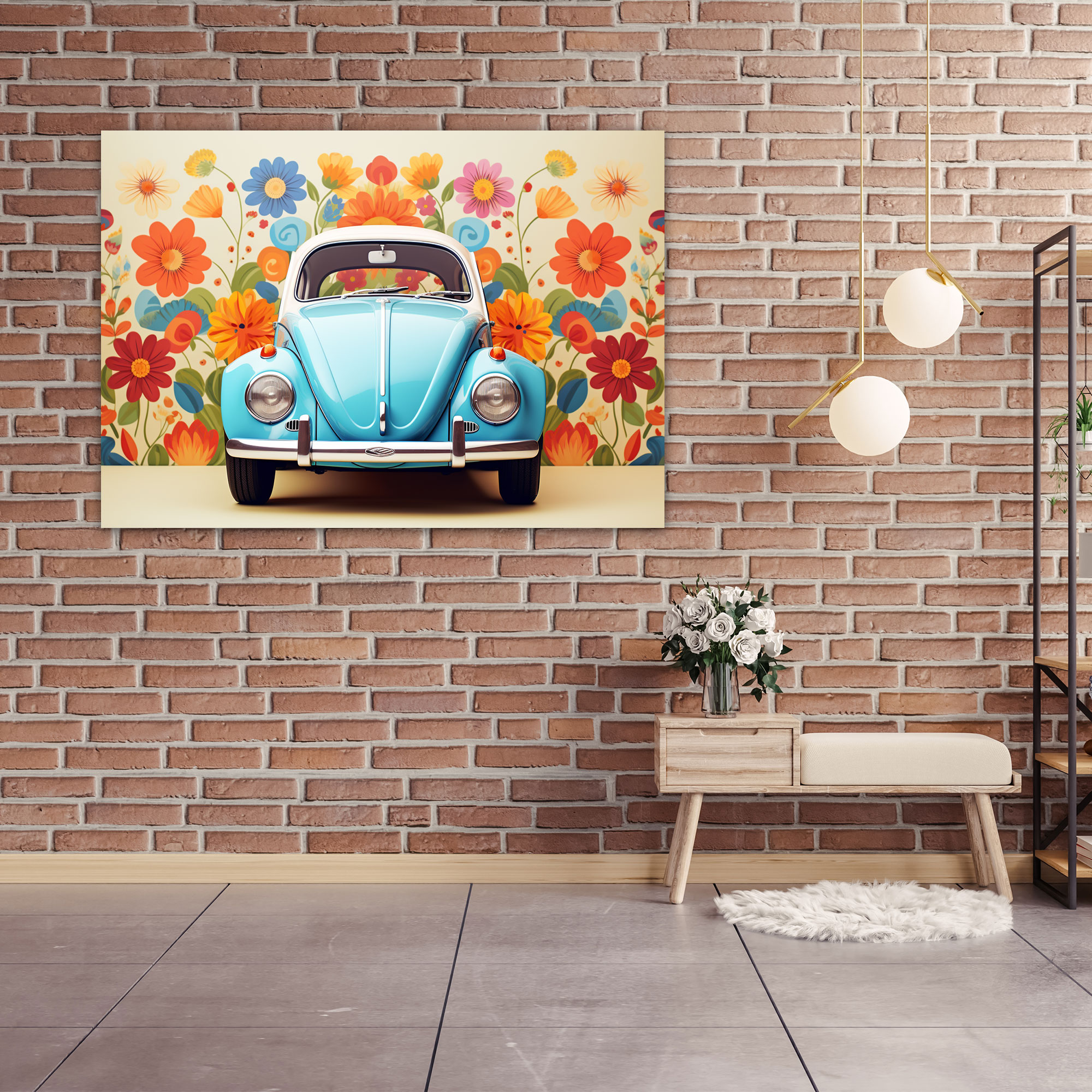 Volkswagen Käfer Wandbild - Grafikdesign mit bunten Blumen im Retro-Stil
