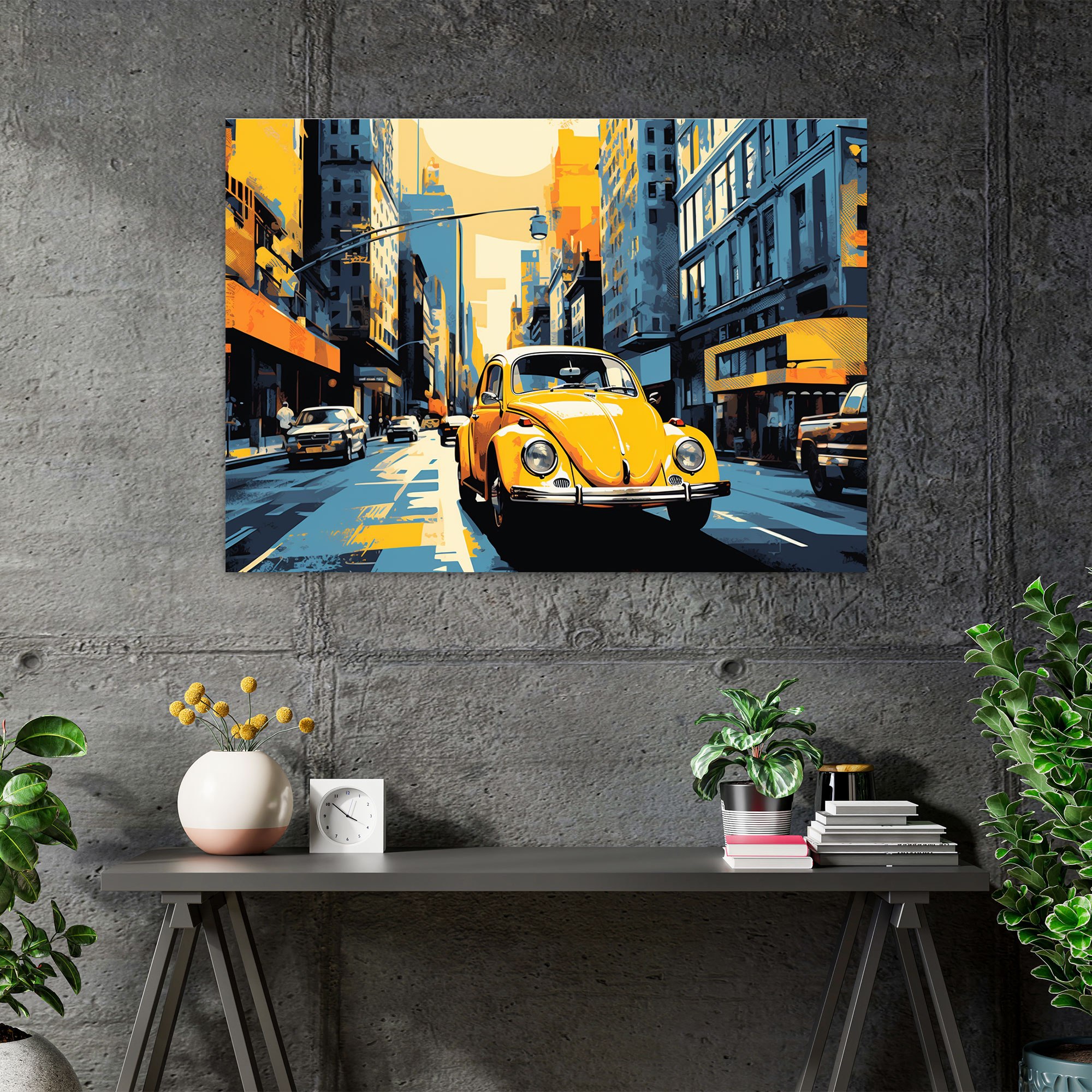 Volkswagen Käfer Leinwandbild - Lebendige Stadtszene Wandkunst auf Leinwand Volkswagen Käfer