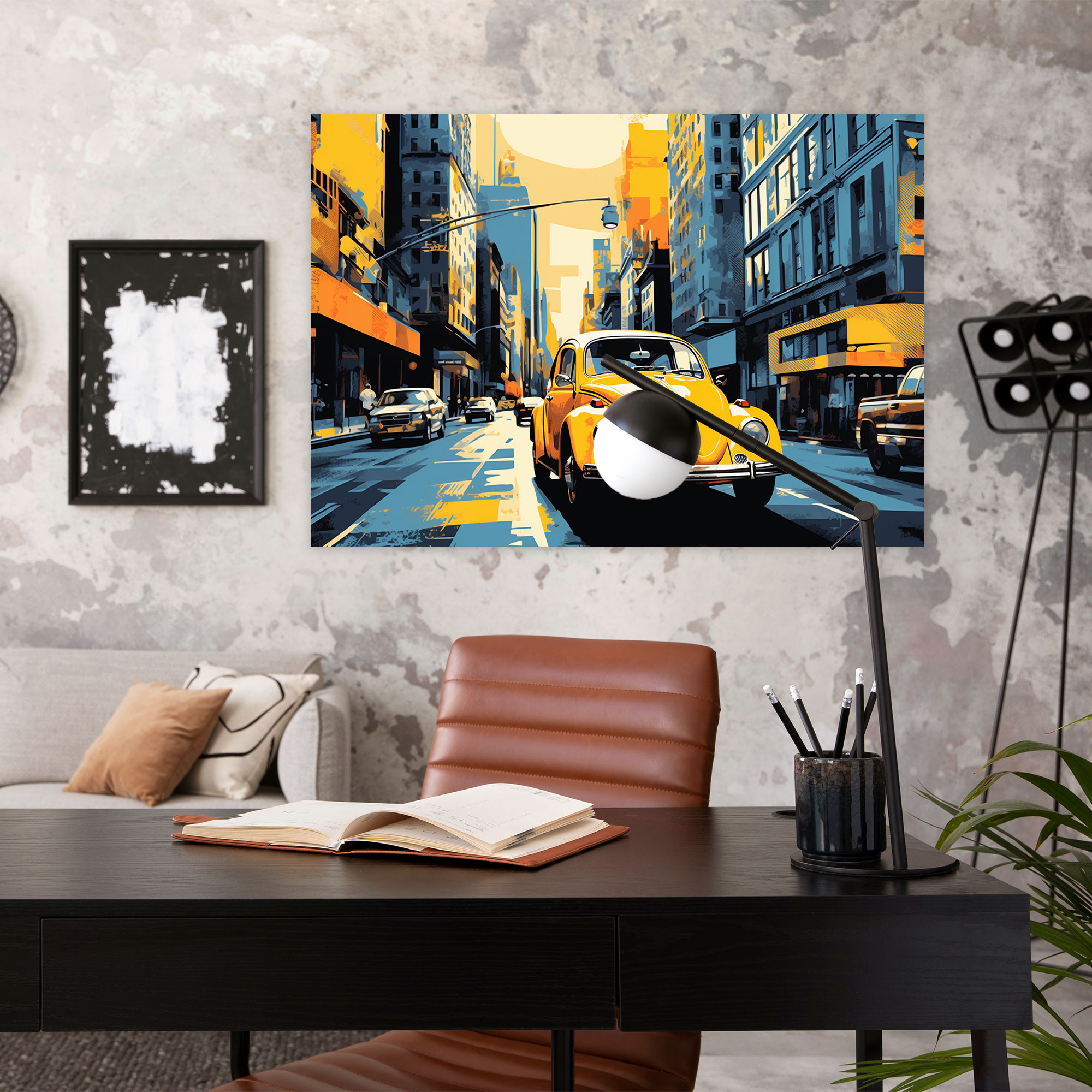 Volkswagen Käfer Leinwandbild - Lebendige Stadtszene Wandkunst auf Leinwand Volkswagen Käfer