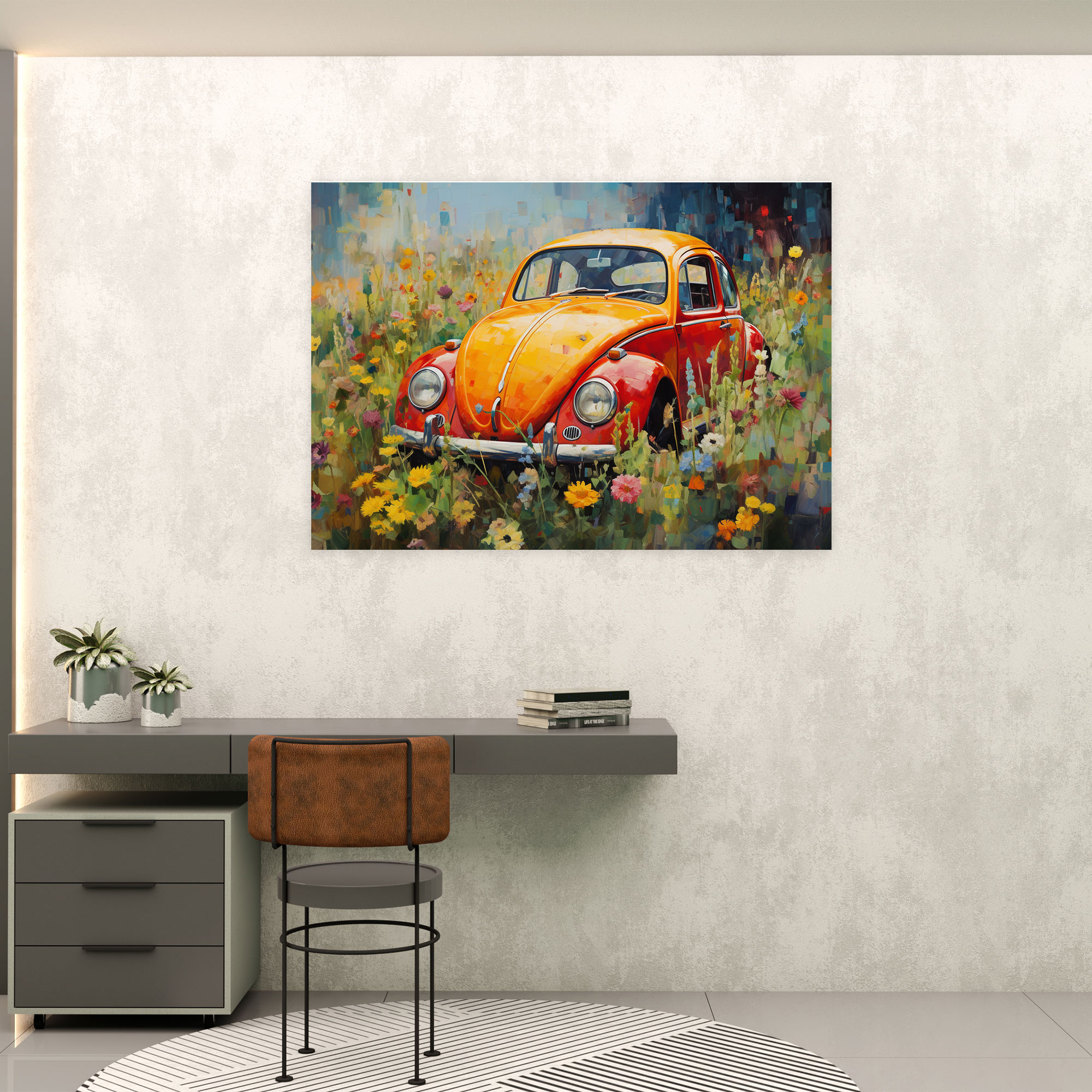Volkswagen Beetle Flower Meadow Canvas Print - Volkswagen Beetle, Canvas Wall Art, Impressionist Painting, Canvas Print