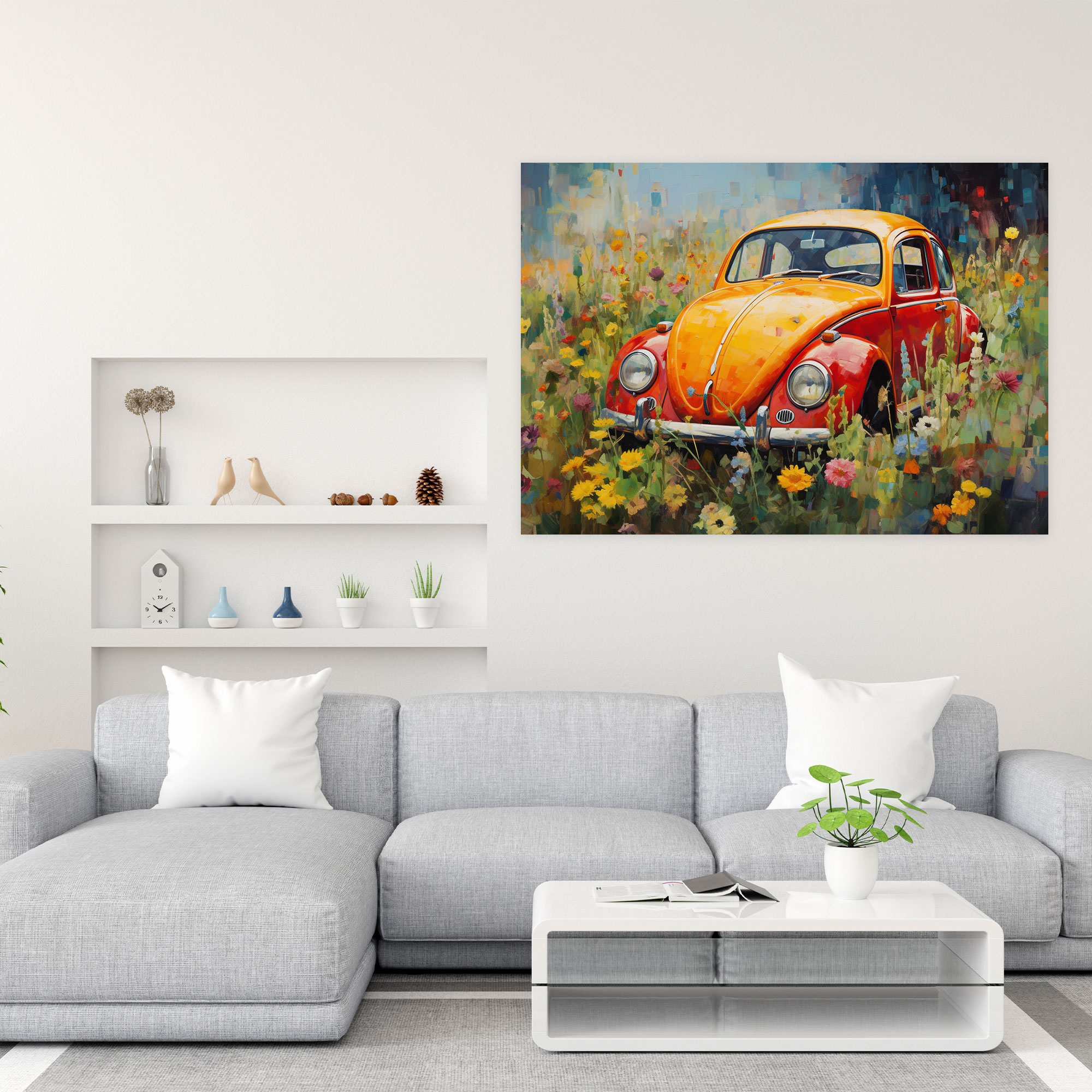 Volkswagen Beetle Flower Meadow Canvas Print - Volkswagen Beetle, Canvas Wall Art, Impressionist Painting, Canvas Print