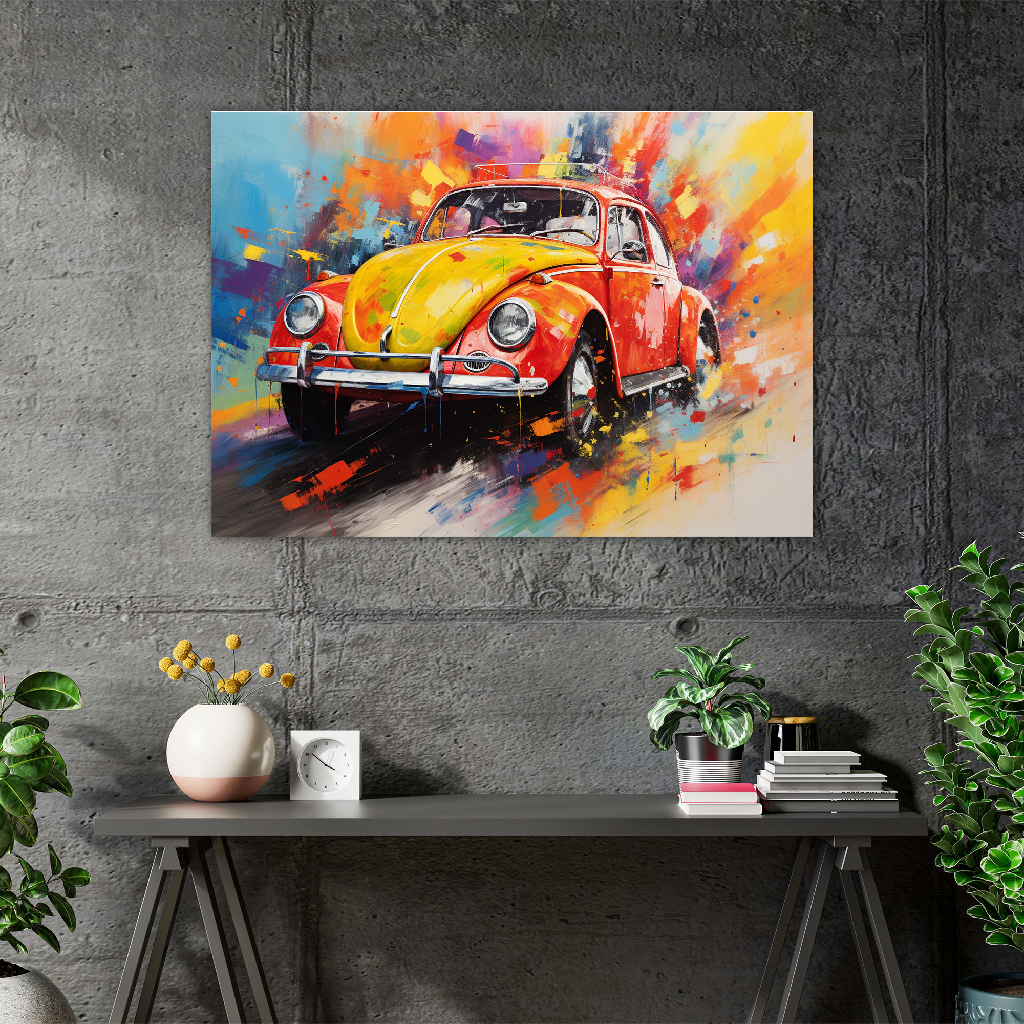 Wanddekoration Volkswagen Beetle - Leinwandbild Impressionistisches Gemälde Wandkunst