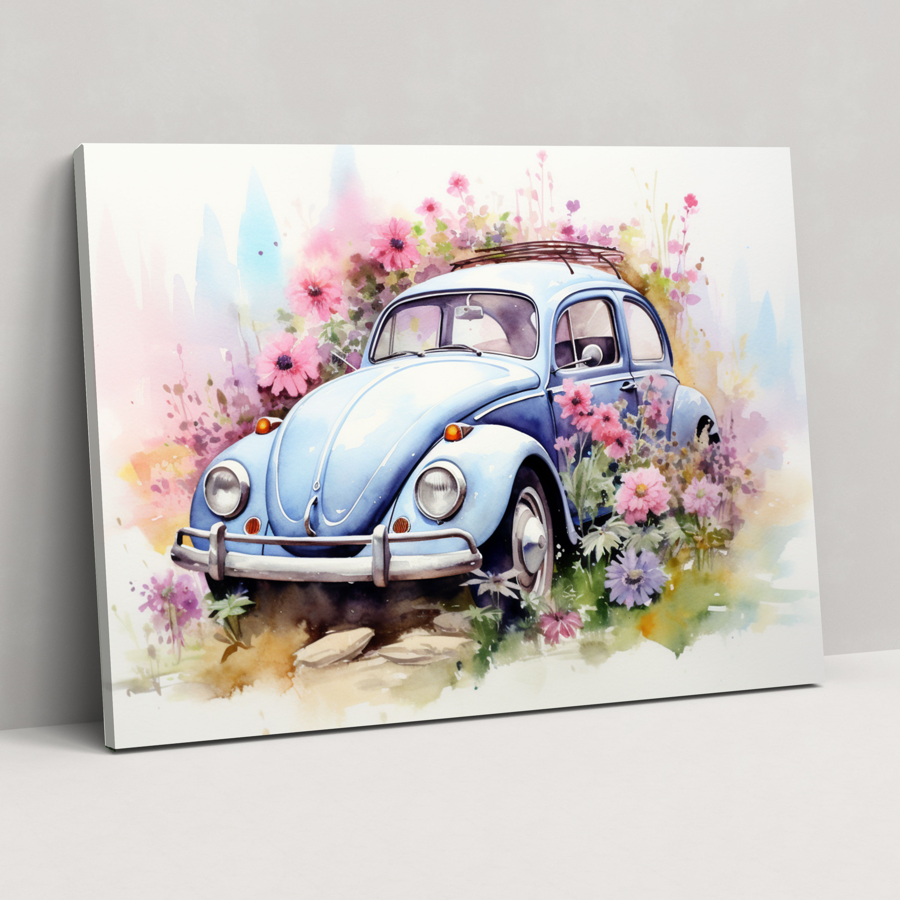 Volkswagen Beetle Leinwandbild - Aquarell Gemälde Wandkunst - Volkswagen Beetle Aquarell Gemälde Wohn Dekoration