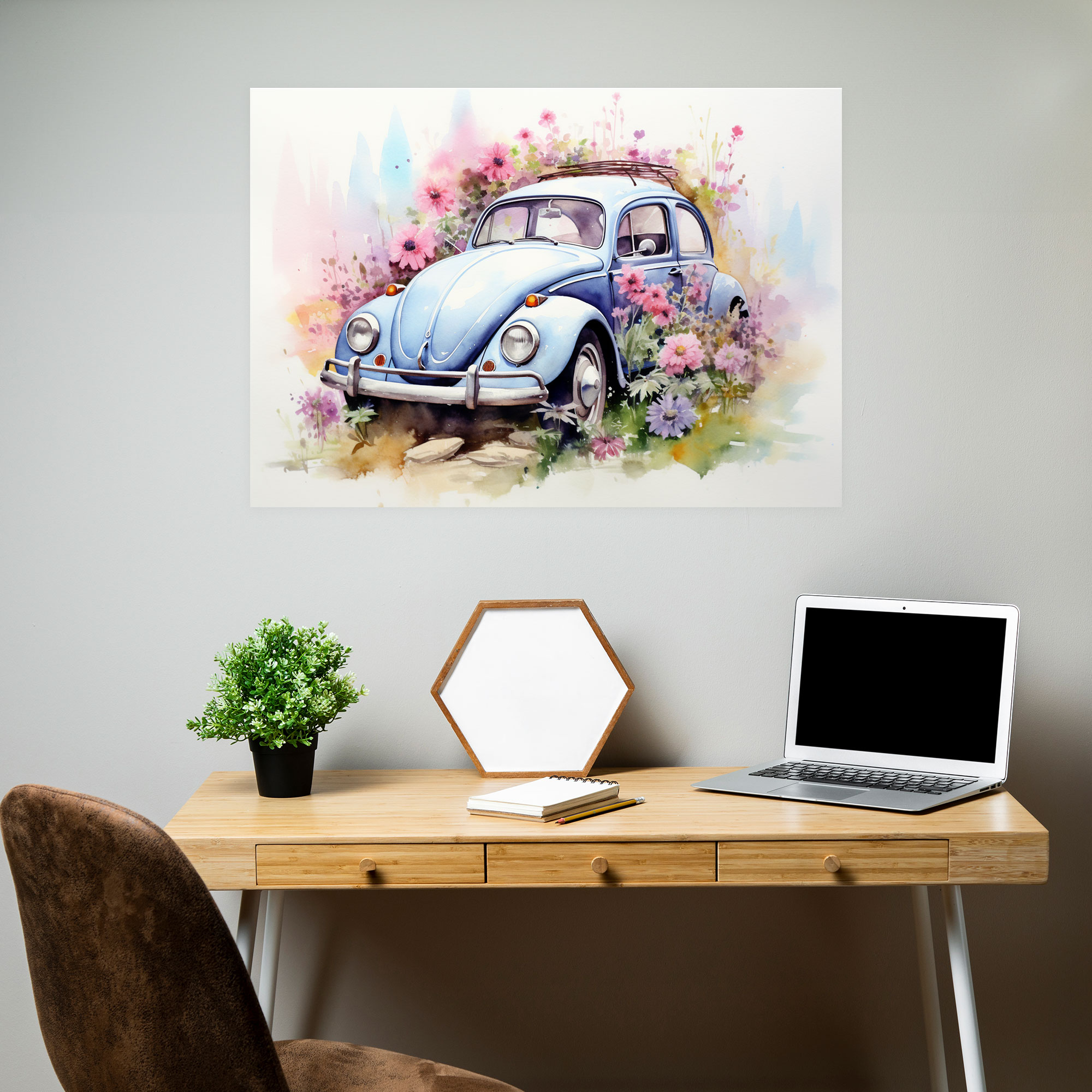 Volkswagen Beetle Leinwandbild - Aquarell Gemälde Wandkunst - Volkswagen Beetle Aquarell Gemälde Wohn Dekoration