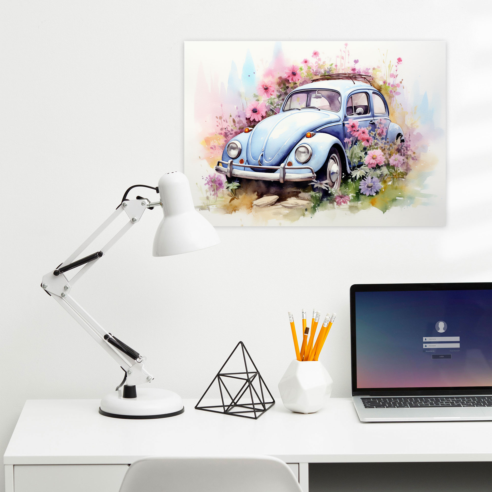 Volkswagen Beetle Leinwandbild - Aquarell Gemälde Wandkunst - Volkswagen Beetle Aquarell Gemälde Wohn Dekoration
