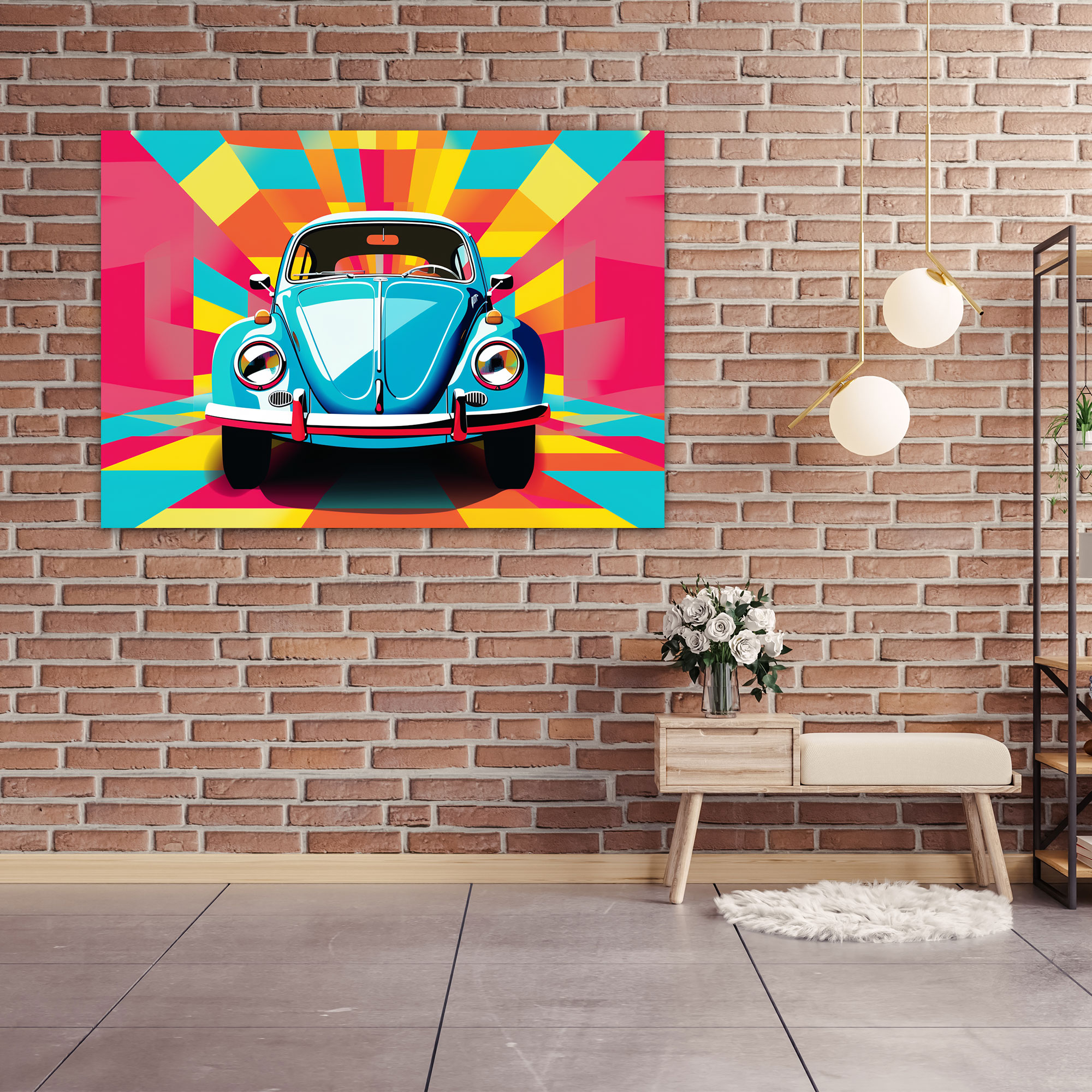 Volkswagen Käfer Leinwandbild - Pop-Art-Illustration Wanddeko - Dynamische Muster