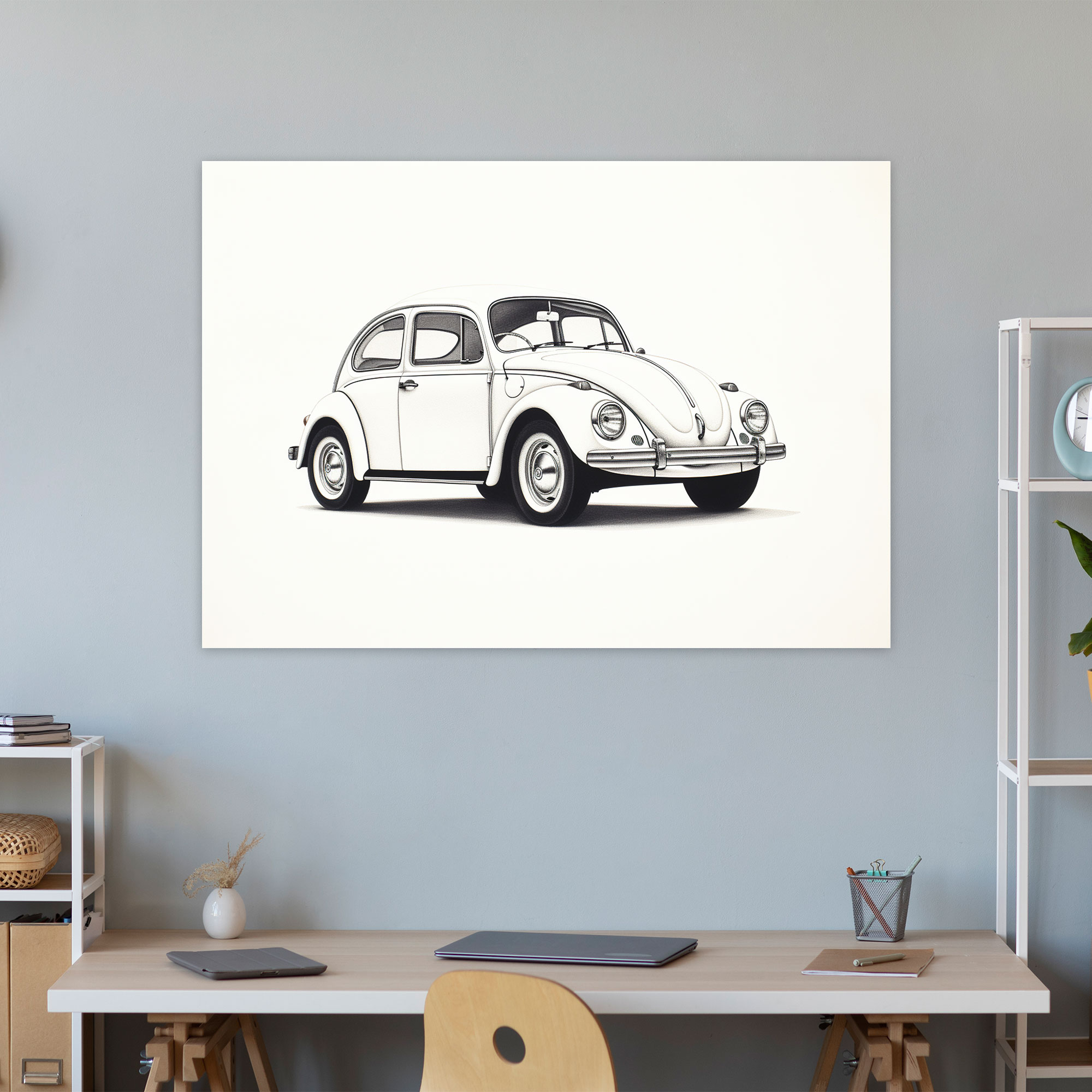 Volkswagen Beetle Leinwandbild - Minimalistische Linienzeichnung Wandkunst - Volkswagen Beetle Wanddekoration Wohnkultur Wandkunst