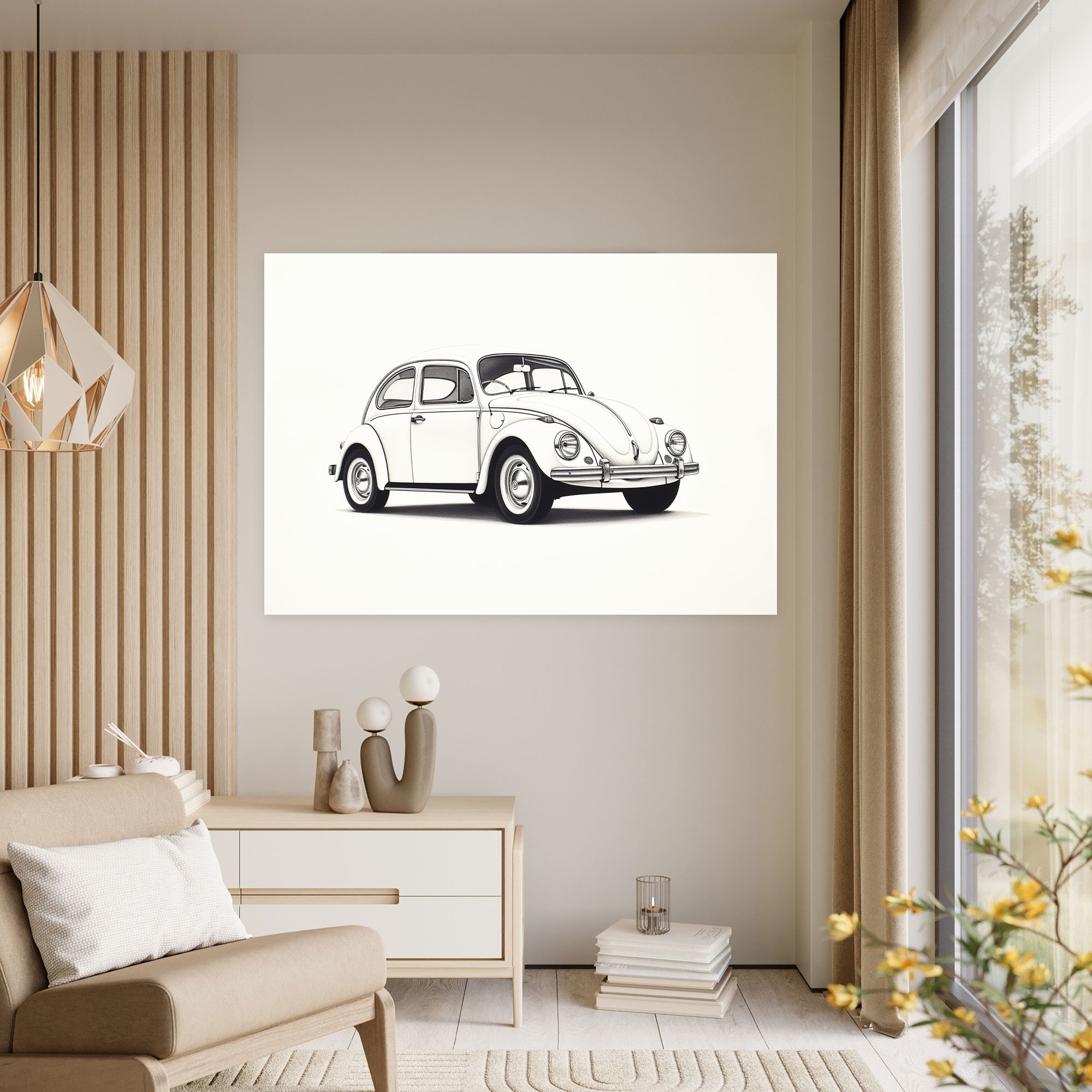 Volkswagen Beetle Leinwandbild - Minimalistische Linienzeichnung Wandkunst - Volkswagen Beetle Wanddekoration Wohnkultur Wandkunst