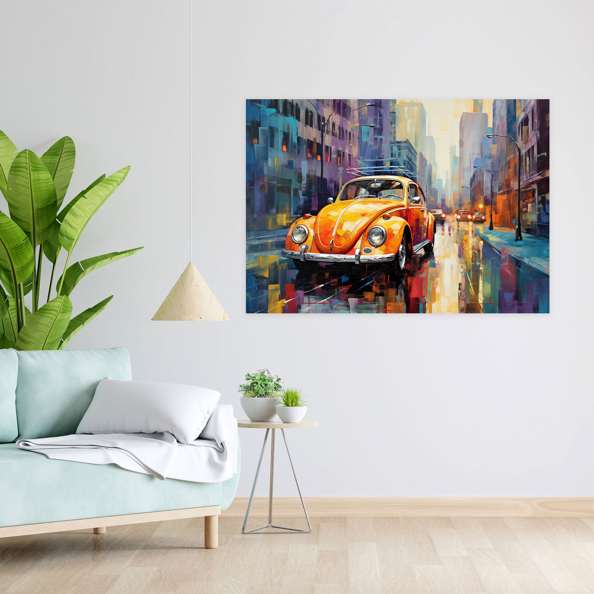 Volkswagen Beetle Leinwandbild - Impressionistisches Gemälde Wandkunst - Bunte Stadtlandschaft Wanddekoration