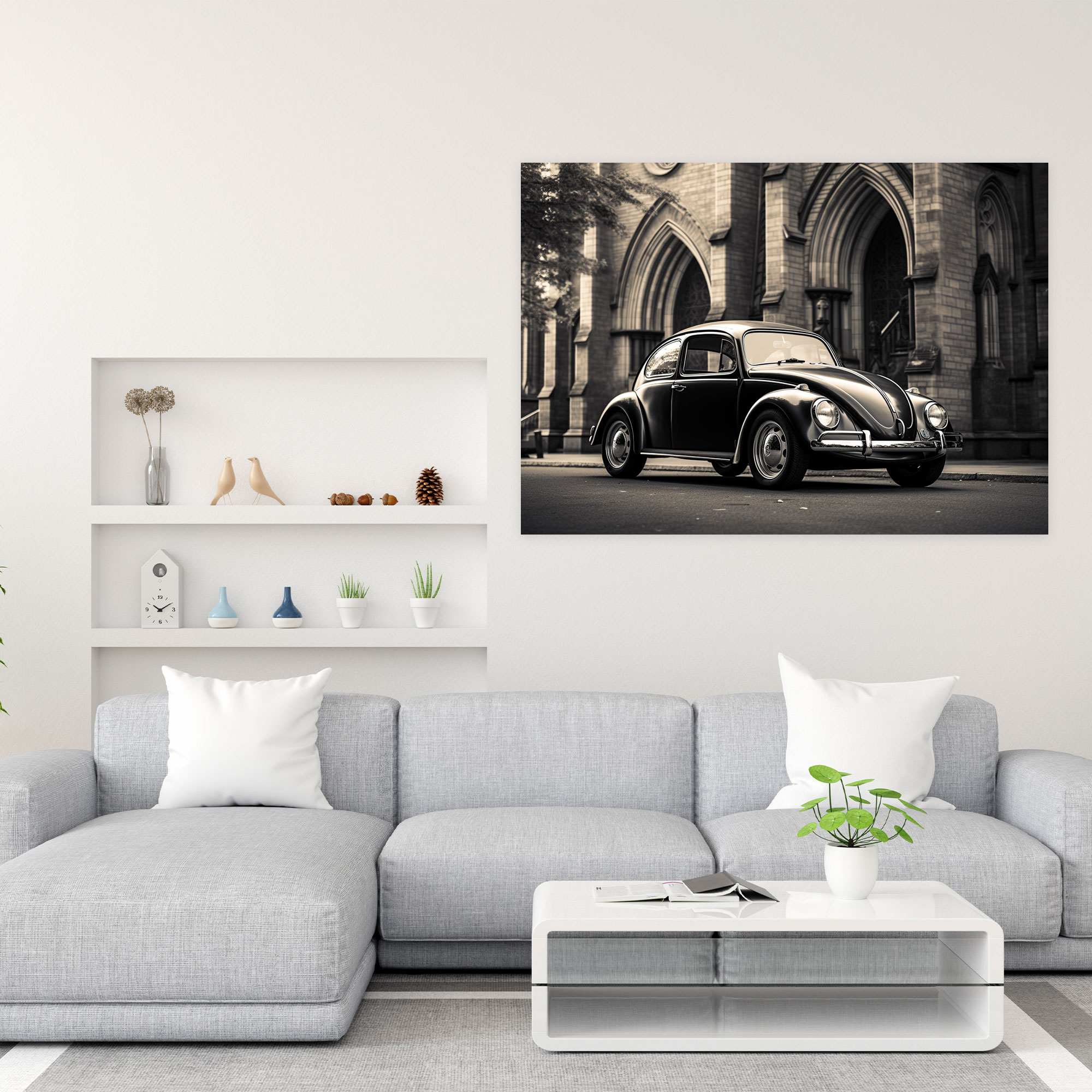 Volkswagen Beetle Leinwandbild - Schwarz-Weiß-Fotografie Wanddekoration - Volkswagen Beetle Wandkunst Leinwand Schwarz-Weiß-Fotografie