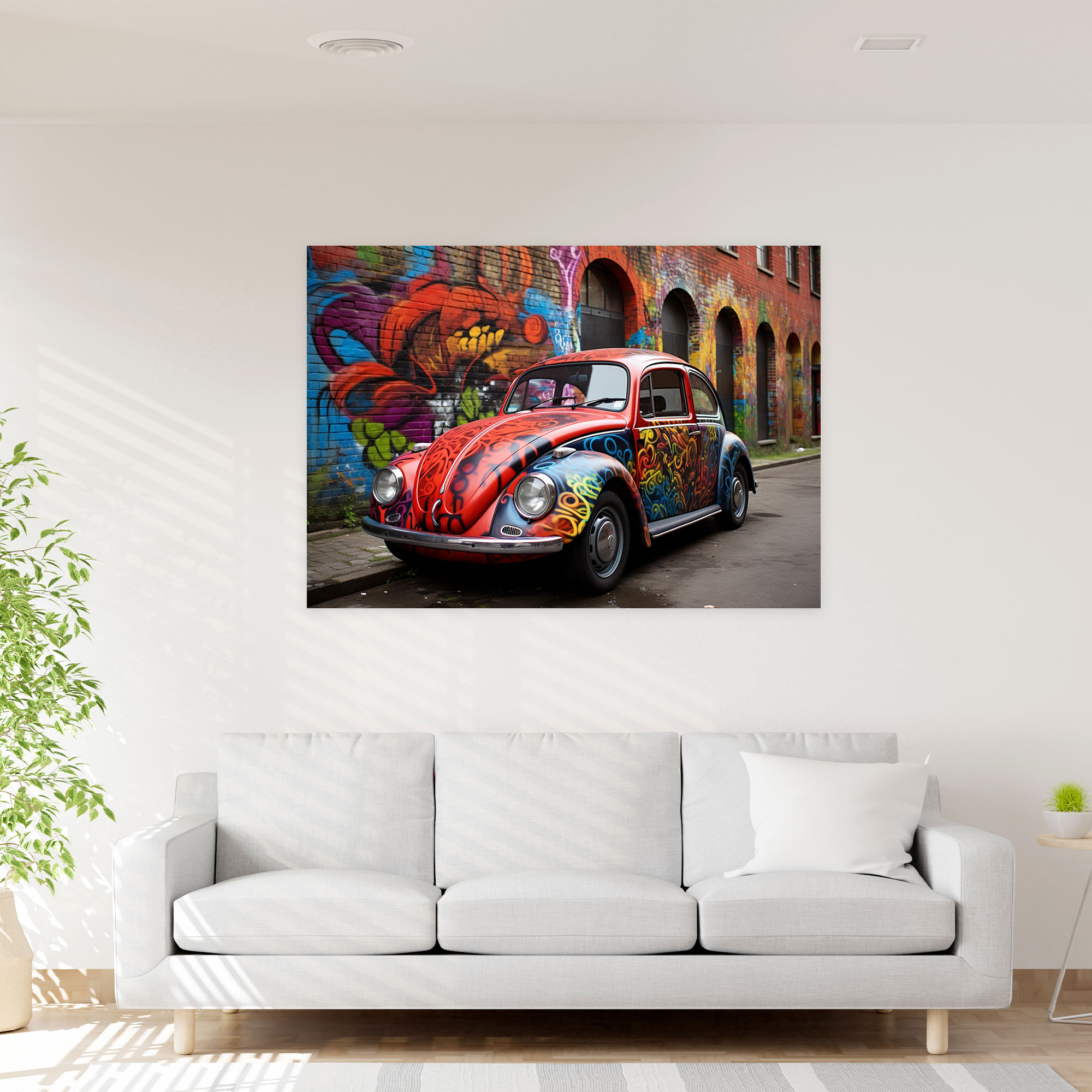 Volkswagen Käfer Leinwandbild - Straßenkunst Wandbild - Wanddekoration Volkswagen Käfer Straßenkunst Wandbild