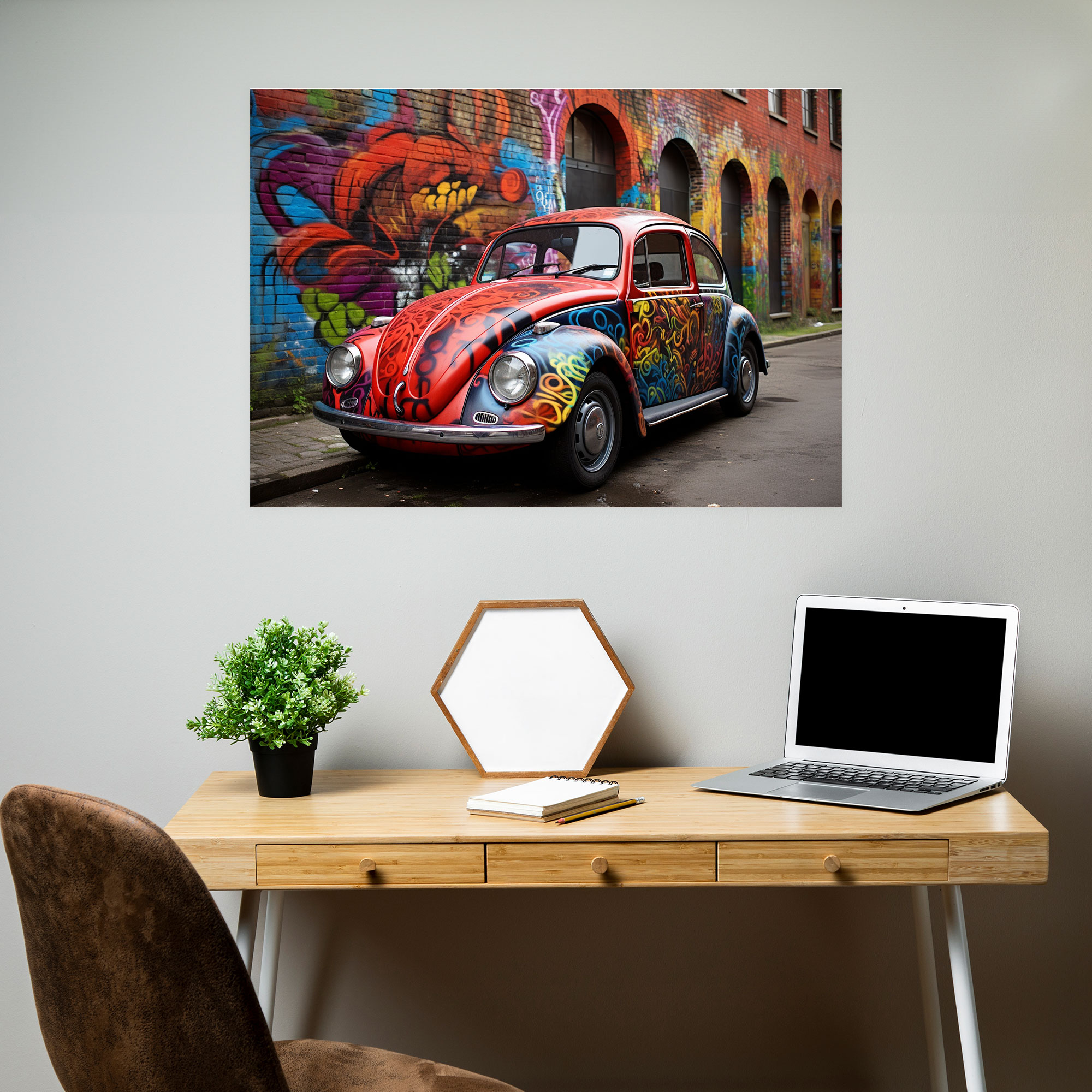 Volkswagen Käfer Leinwandbild - Straßenkunst Wandbild - Wanddekoration Volkswagen Käfer Straßenkunst Wandbild