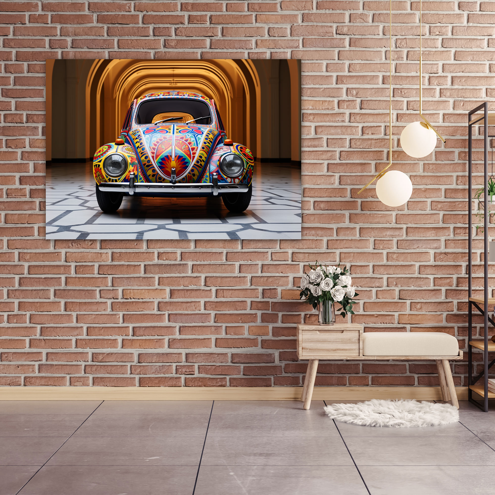 Volkswagen Beetle Leinwandbild - Geometrisches Muster Design Wanddekoration - Volkswagen Beetle Wohnkultur filigrane Formen Leinwand