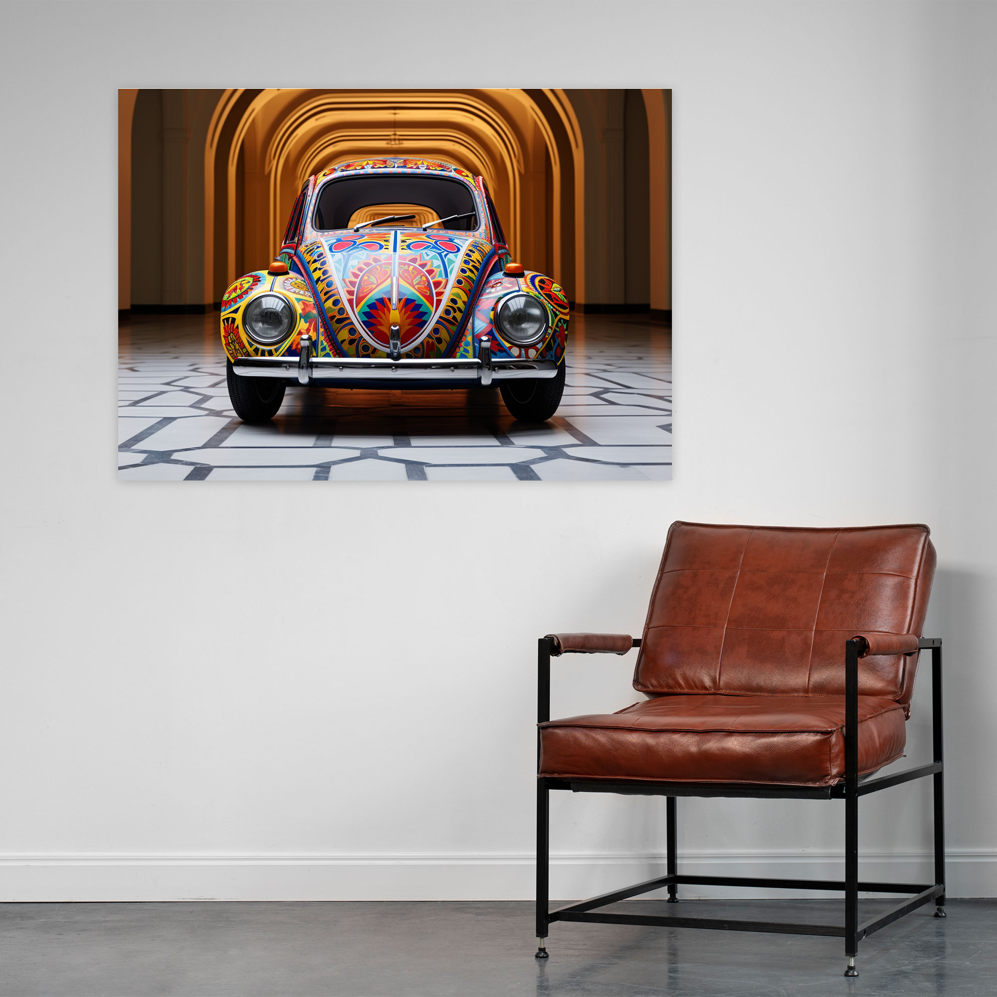 Volkswagen Beetle Leinwandbild - Geometrisches Muster Design Wanddekoration - Volkswagen Beetle Wohnkultur filigrane Formen Leinwand