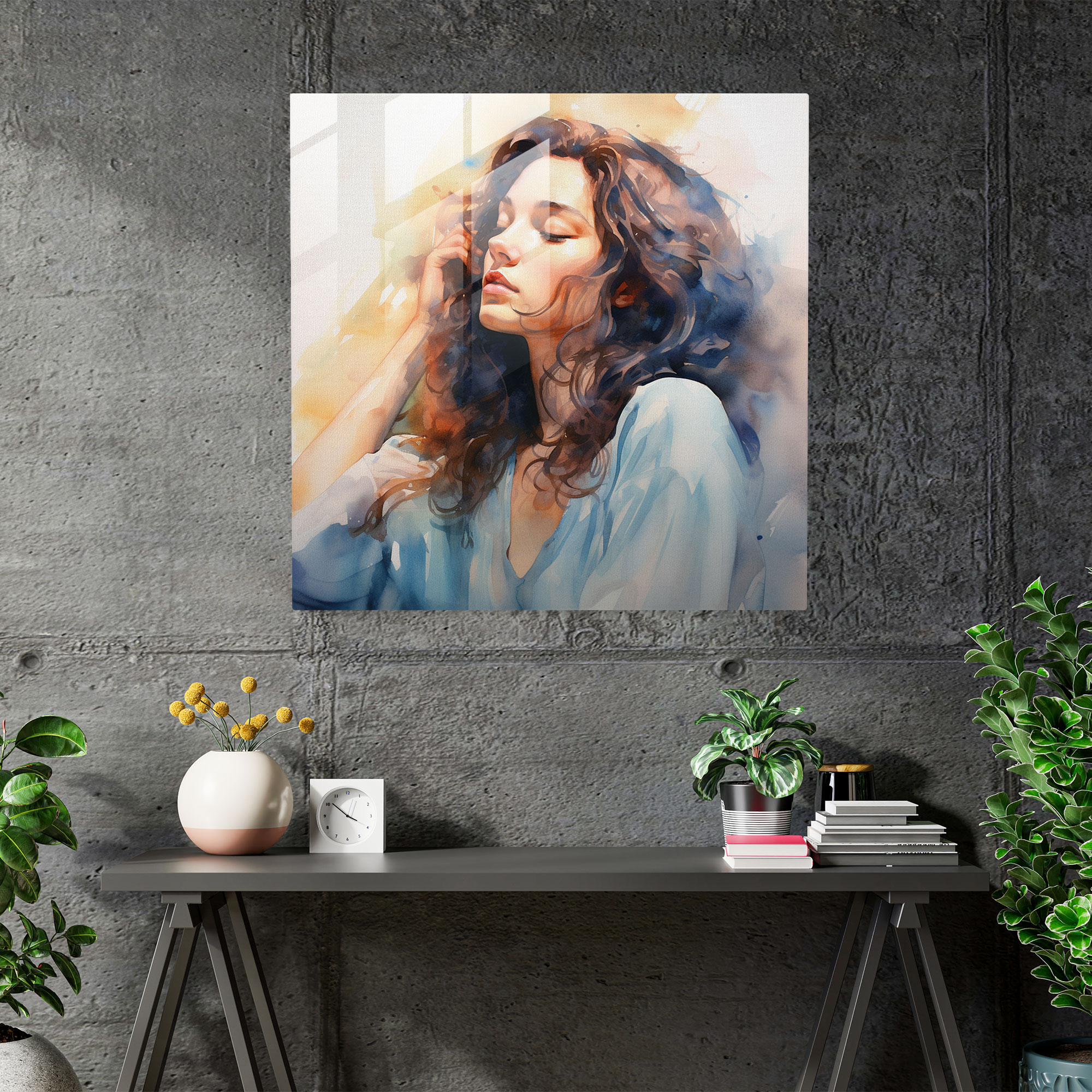 Serene Reflections Glass Wall Art - Woman, Wall Decoration, Serenity, Watercolor Painting