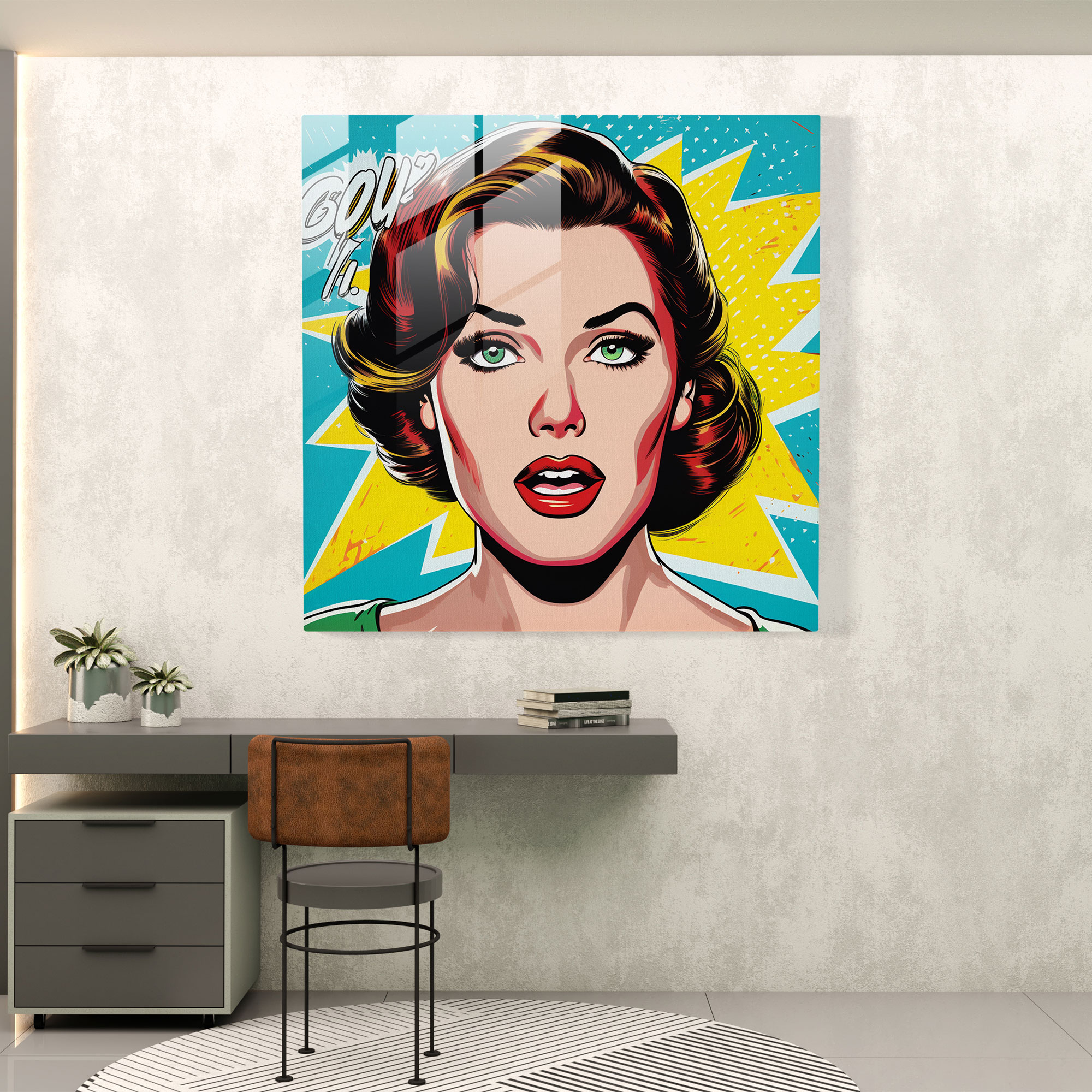 Woman Glass Print - Pop Art Splendor - Woman, Woman Glass Print, Glass Wall Art, Comic Book-Inspired Colors