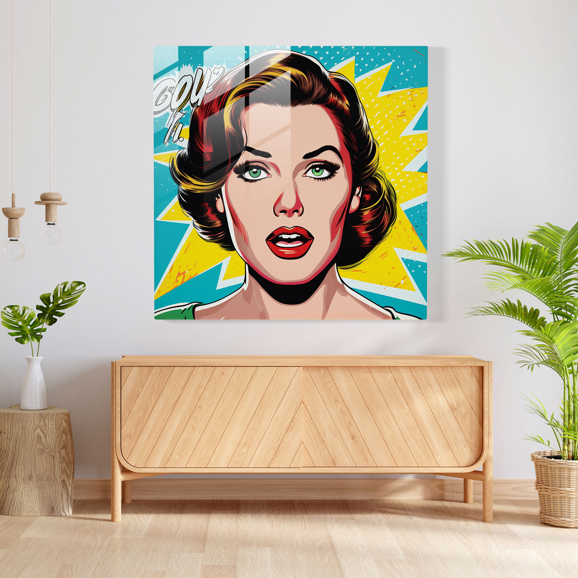 Woman Glass Print - Pop Art Splendor - Woman, Woman Glass Print, Glass Wall Art, Comic Book-Inspired Colors