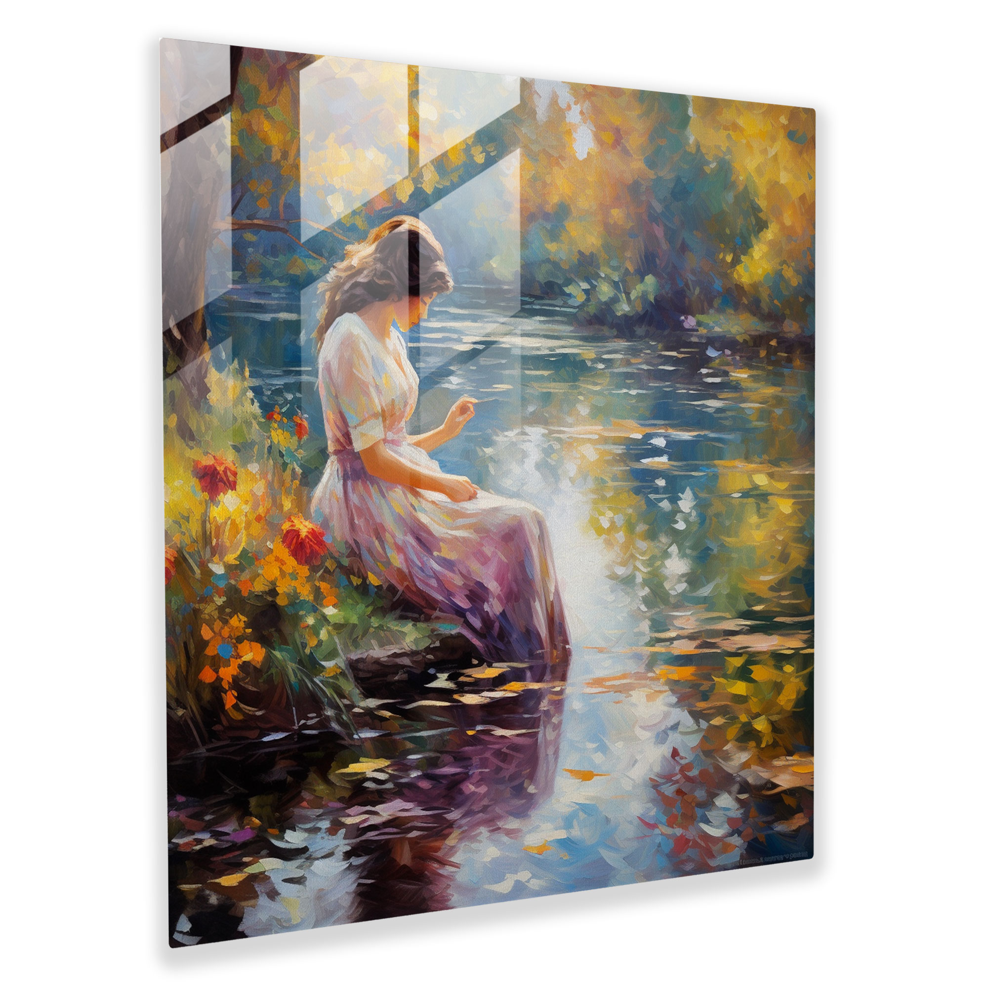 Impressionist Glass Print - Woman By The Pond - Woman, Serene Ambiance, Impressionist Art, Home Decoration