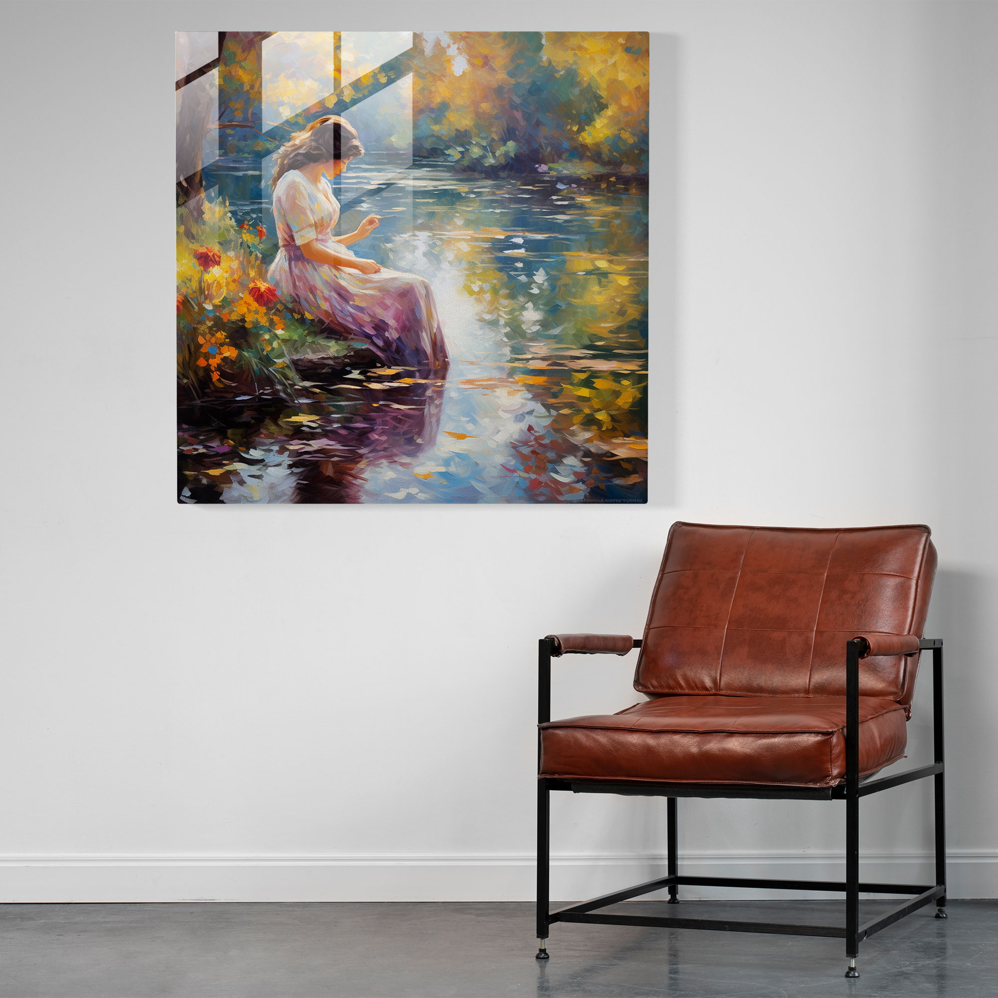 Impressionist Glass Print - Woman By The Pond - Woman, Serene Ambiance, Impressionist Art, Home Decoration