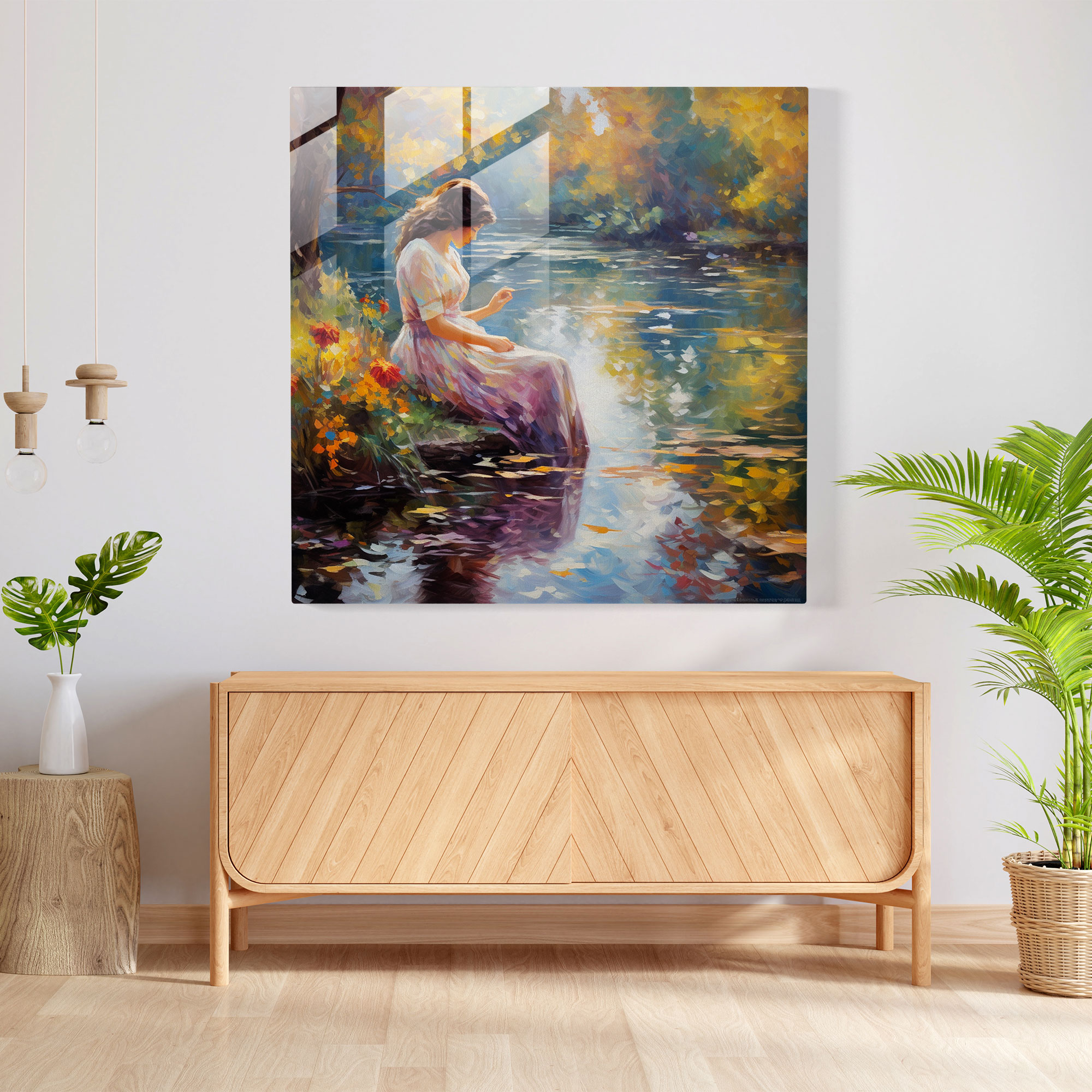 Impressionist Glass Print - Woman By The Pond - Woman, Serene Ambiance, Impressionist Art, Home Decoration