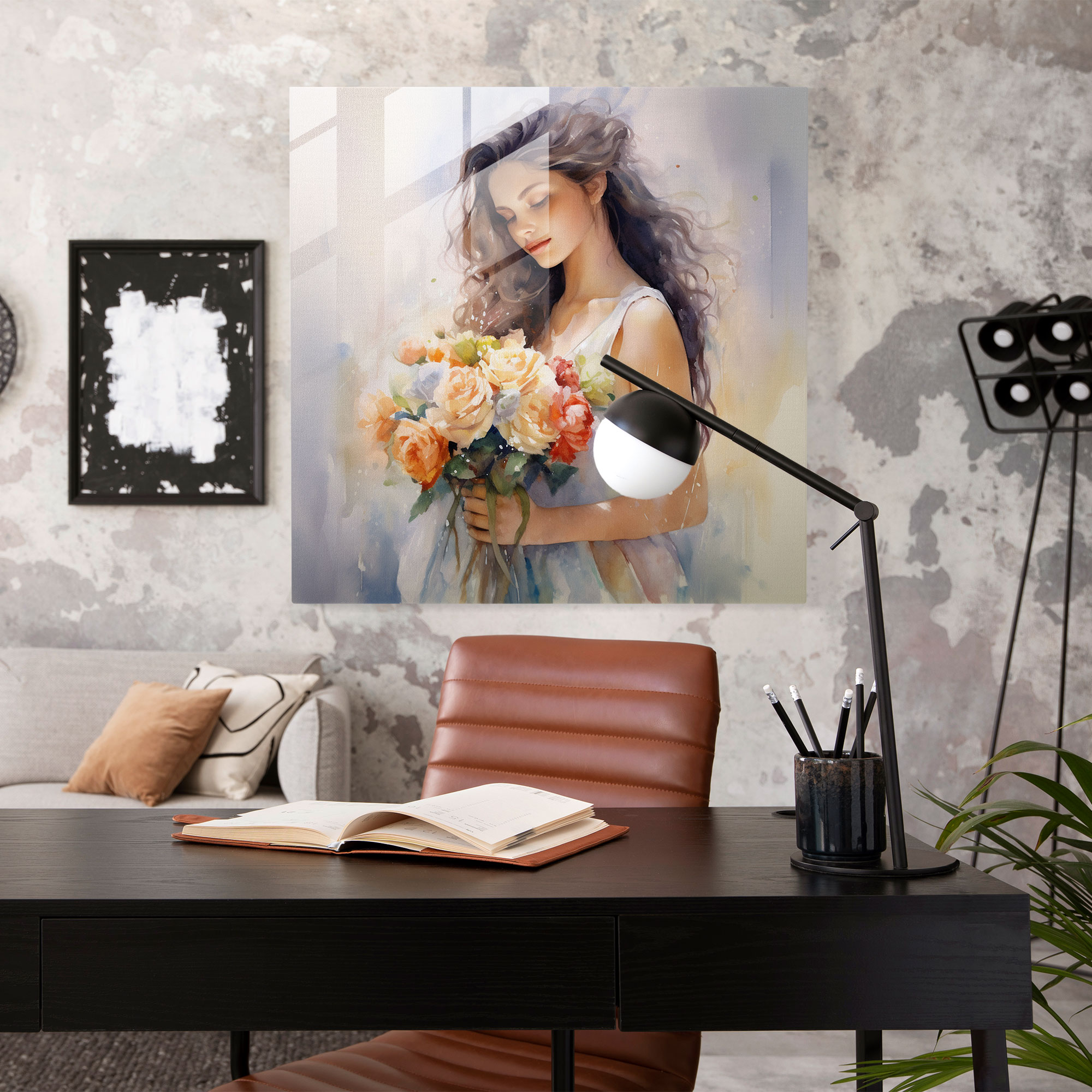 Romantic Glass Print - Woman With Flowers - Woman, Woman, Glass Print, Flowers