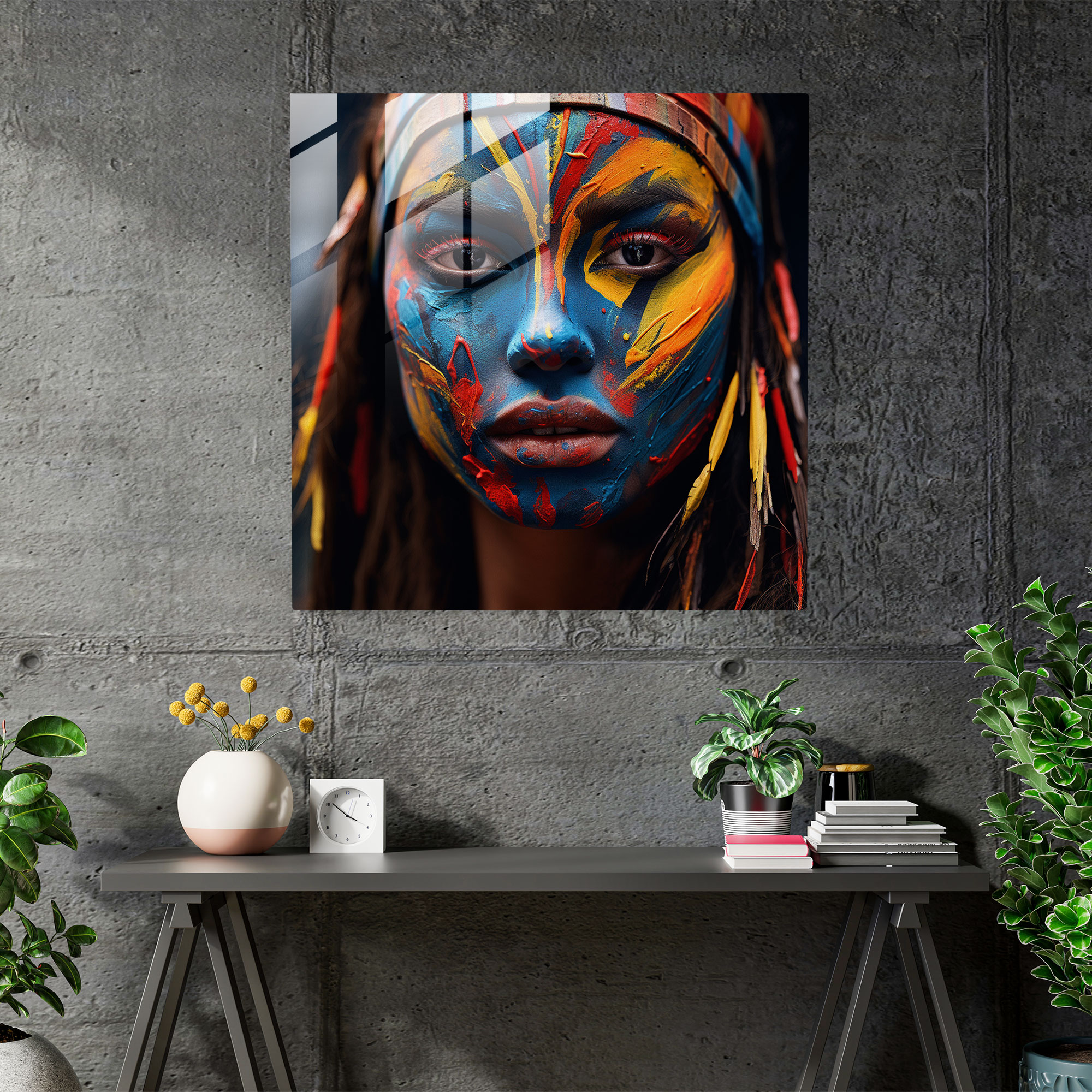 Woman: Glass Print - Woman, Colorful Tribal Face Paint, Strength, Wall Decoration