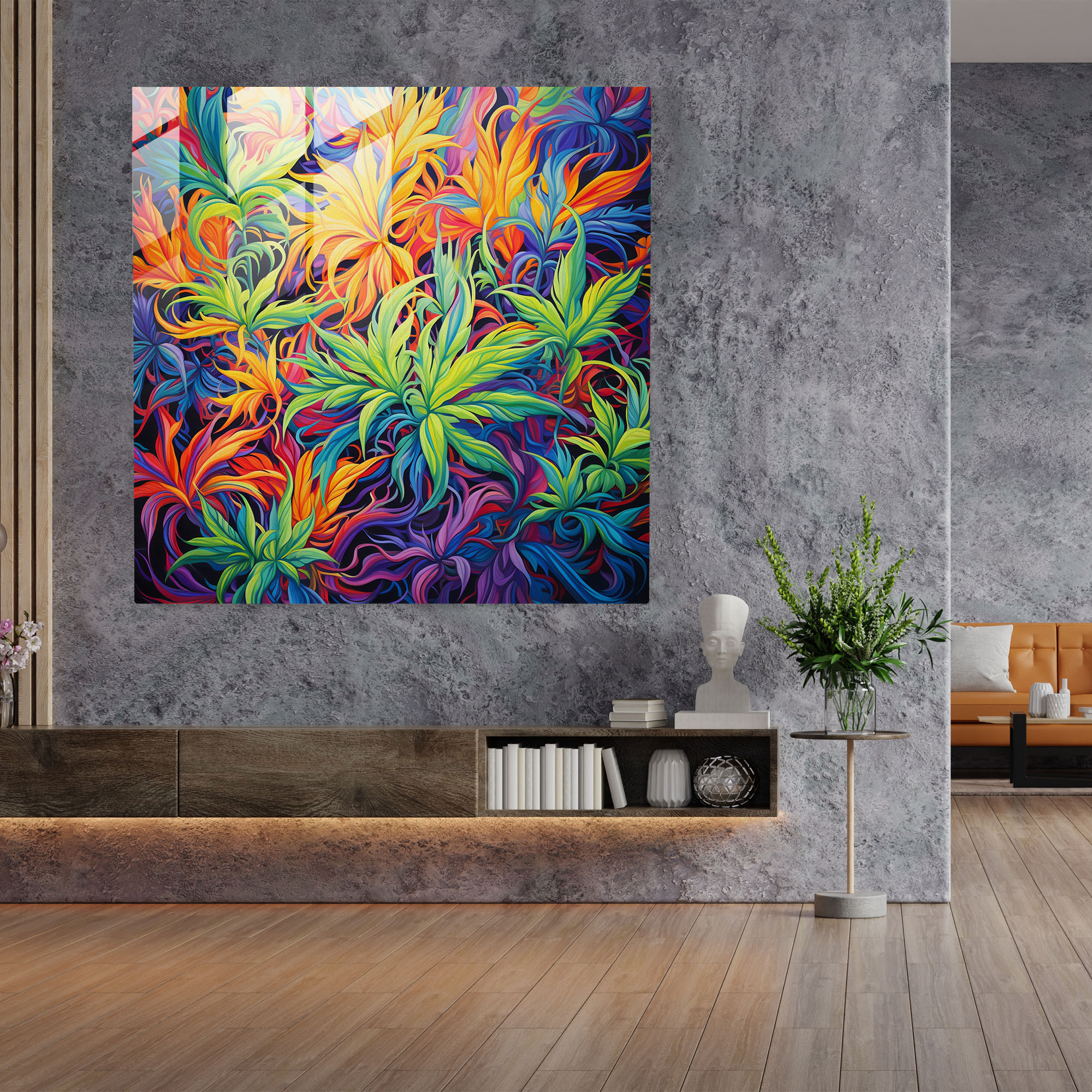 Weed Wonderland Glass Print - Weed, Vibrant Colors, Abstract Painting, Wall Decoration