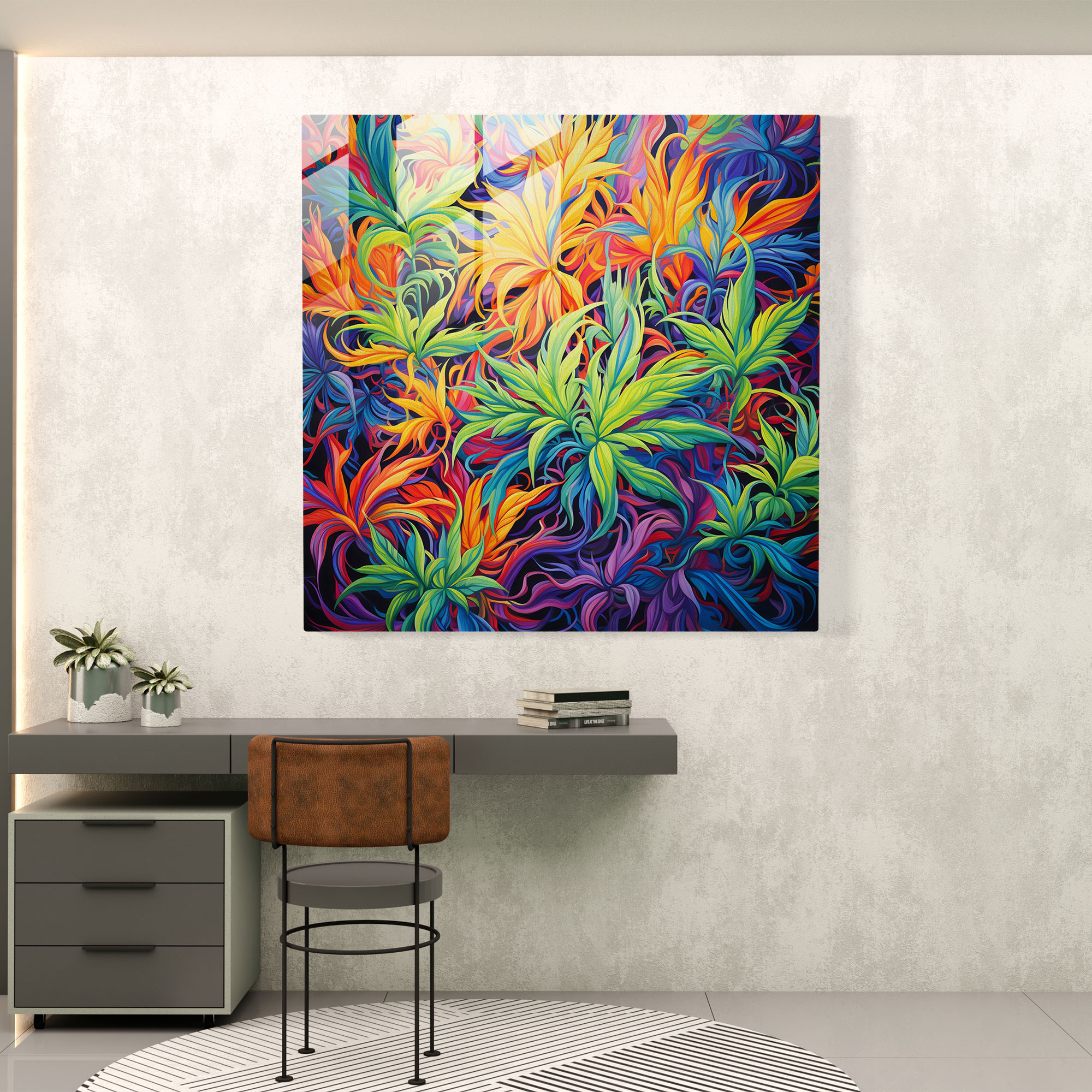 Weed Wonderland Glass Print - Weed, Vibrant Colors, Abstract Painting, Wall Decoration