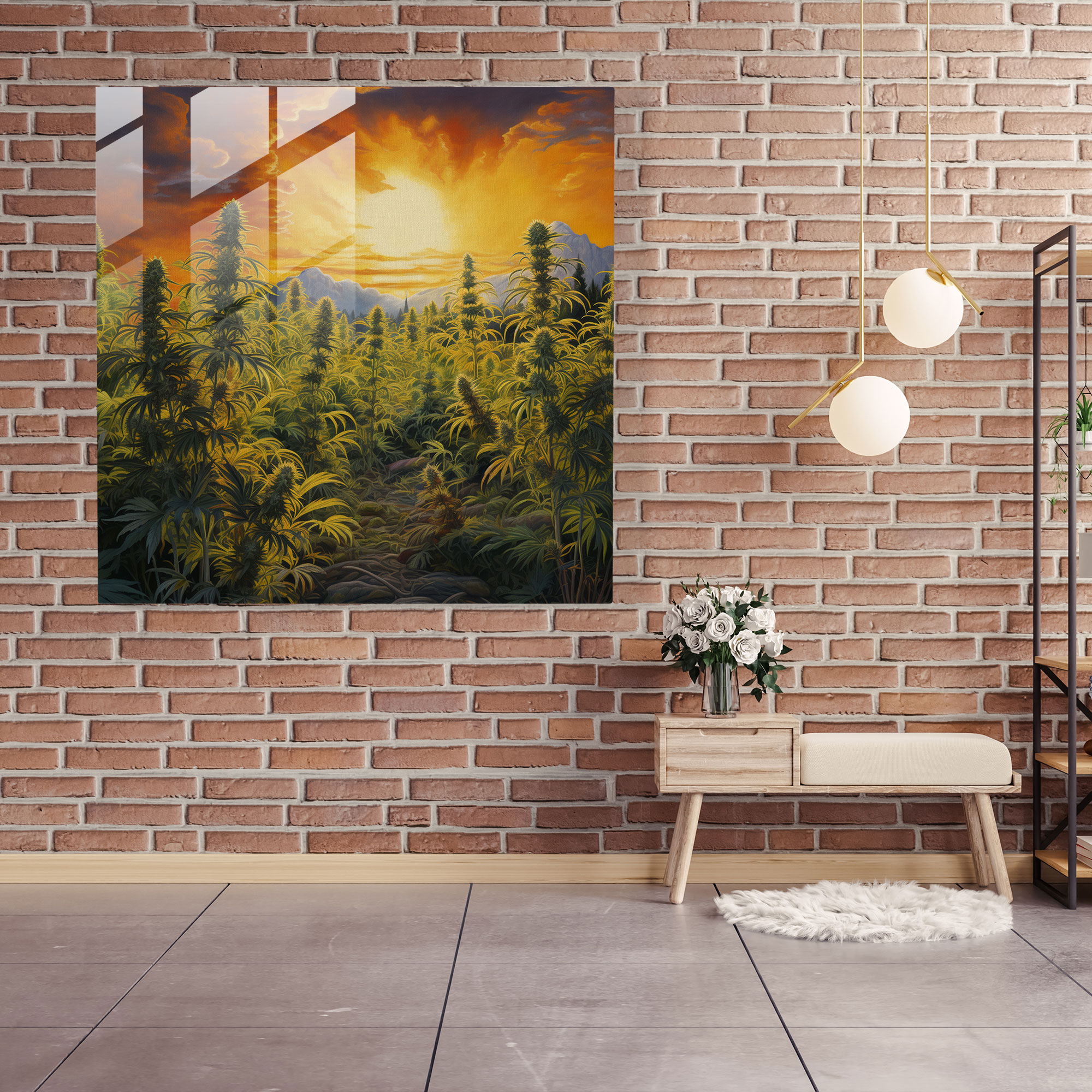 Altın Kush Tarlası Cam Tablo Baskı - Ot Altın Günbatımı Yağlı Boya Başyapıt Çiçek Açan Marihuana Bitkileri