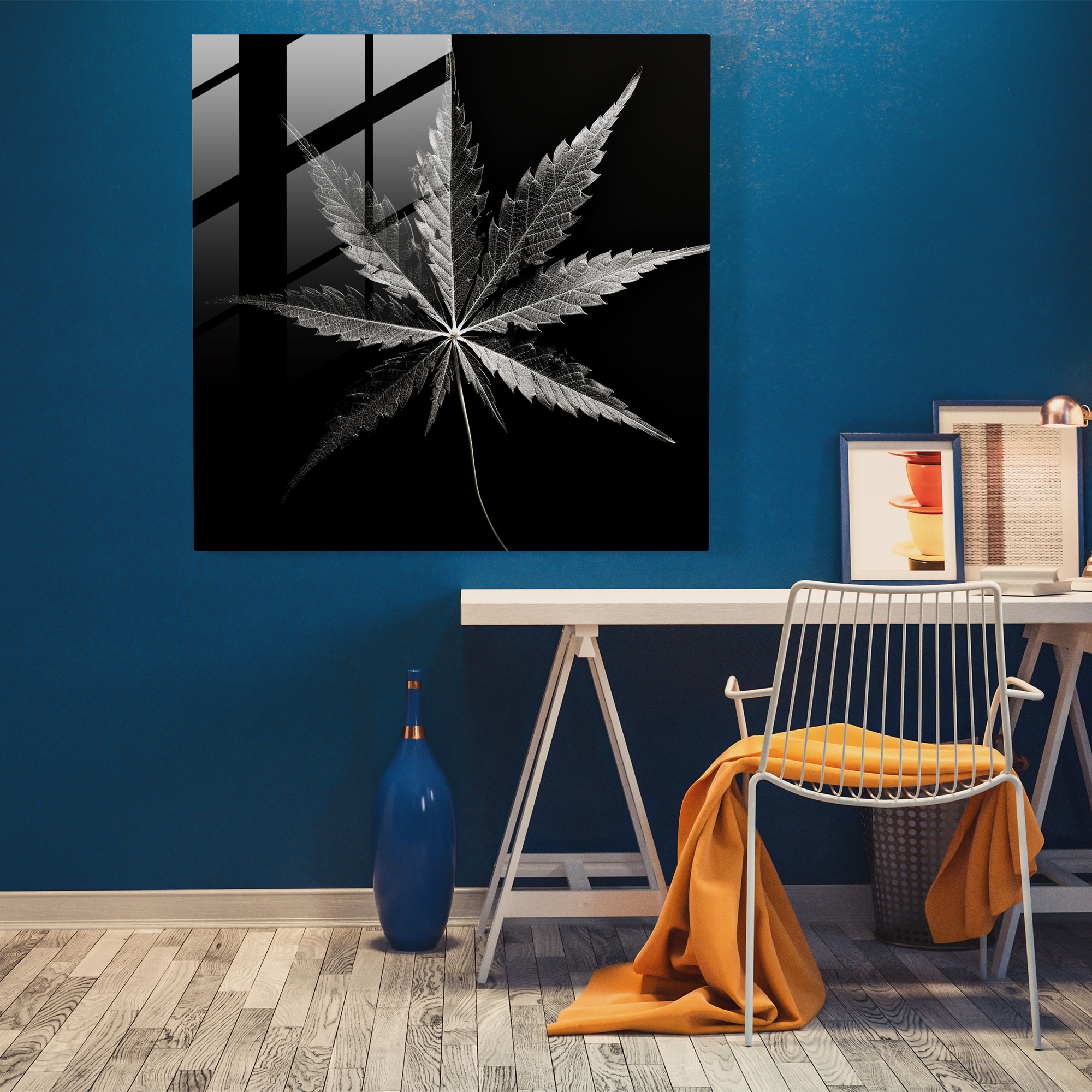 Elegant Leaf Reflection Glass Print - Weed, Black And White, Glass Print, Glass Wall Art