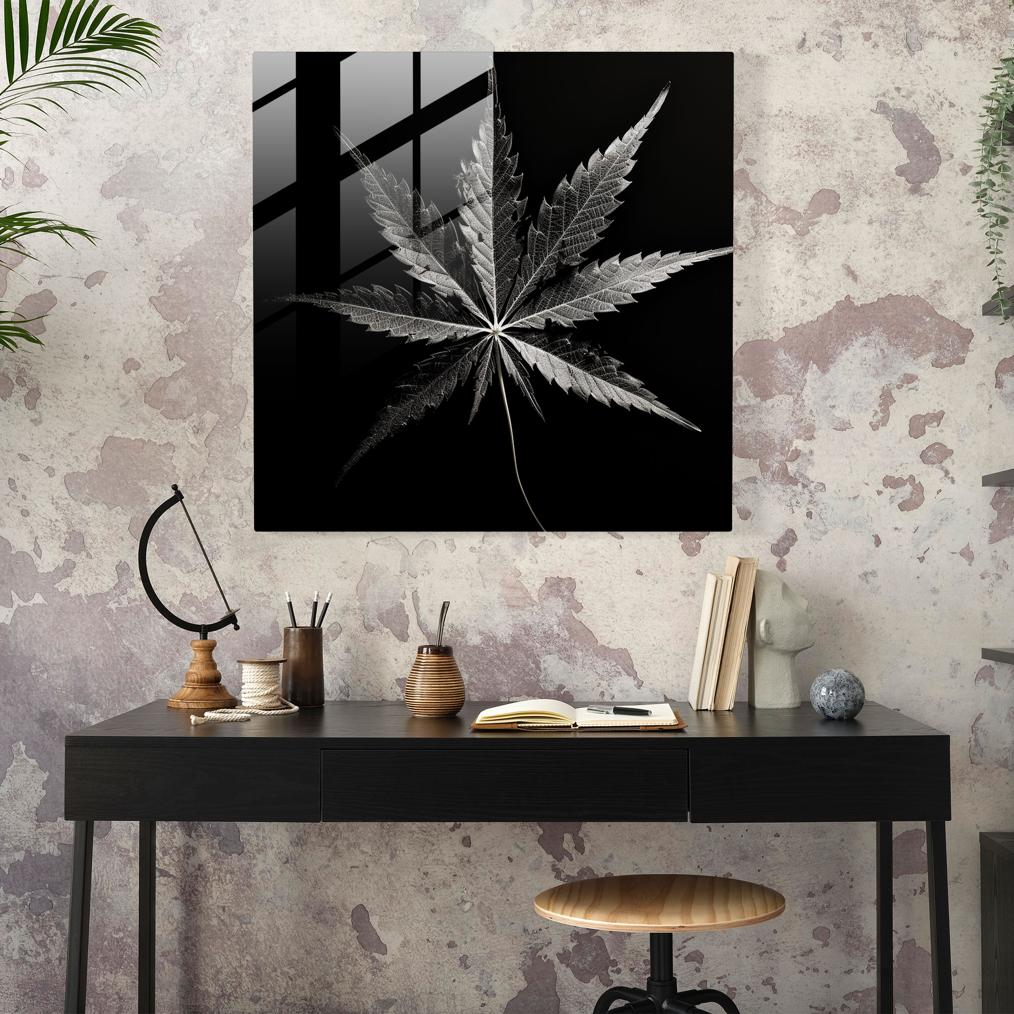 Elegant Leaf Reflection Glass Print - Weed, Black And White, Glass Print, Glass Wall Art