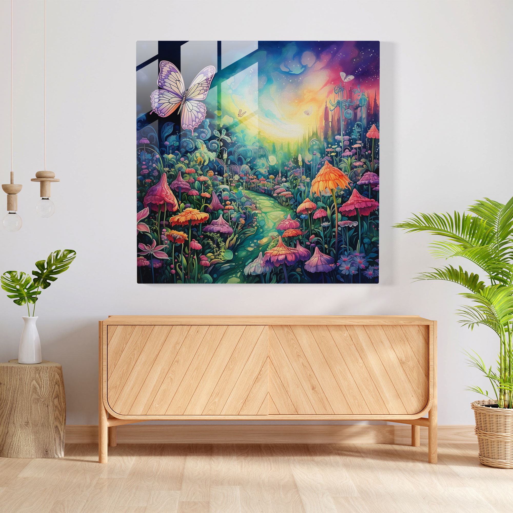 Cannabis Garden Dreams Glass Print - Weed, Watercolor Painting, Butterflies, Glass Print
