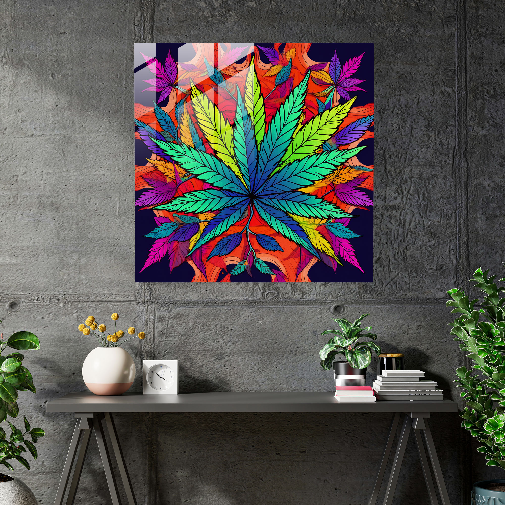Colorful Weed Delight Glass Print - Weed, Colorful Cannabis Leaves, Colorful Weed Delight Glass Print, Home Decoration