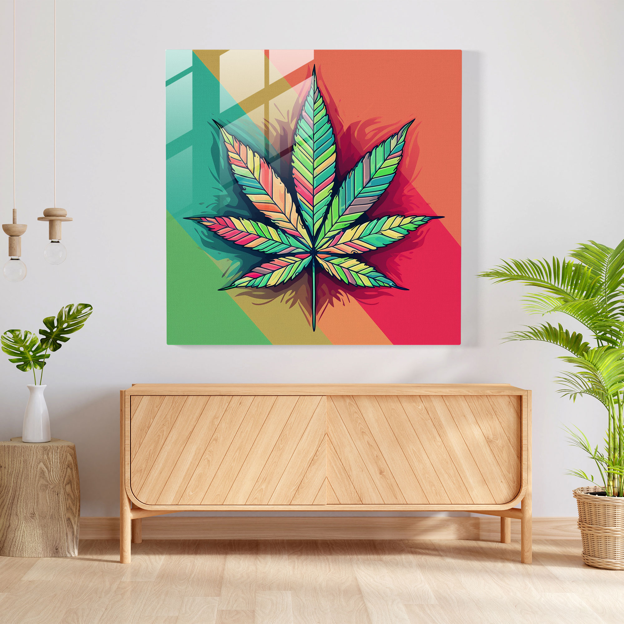 Yaprak Desenli Cam Tablo - Modern Sanat Ev Dekorasyonu
