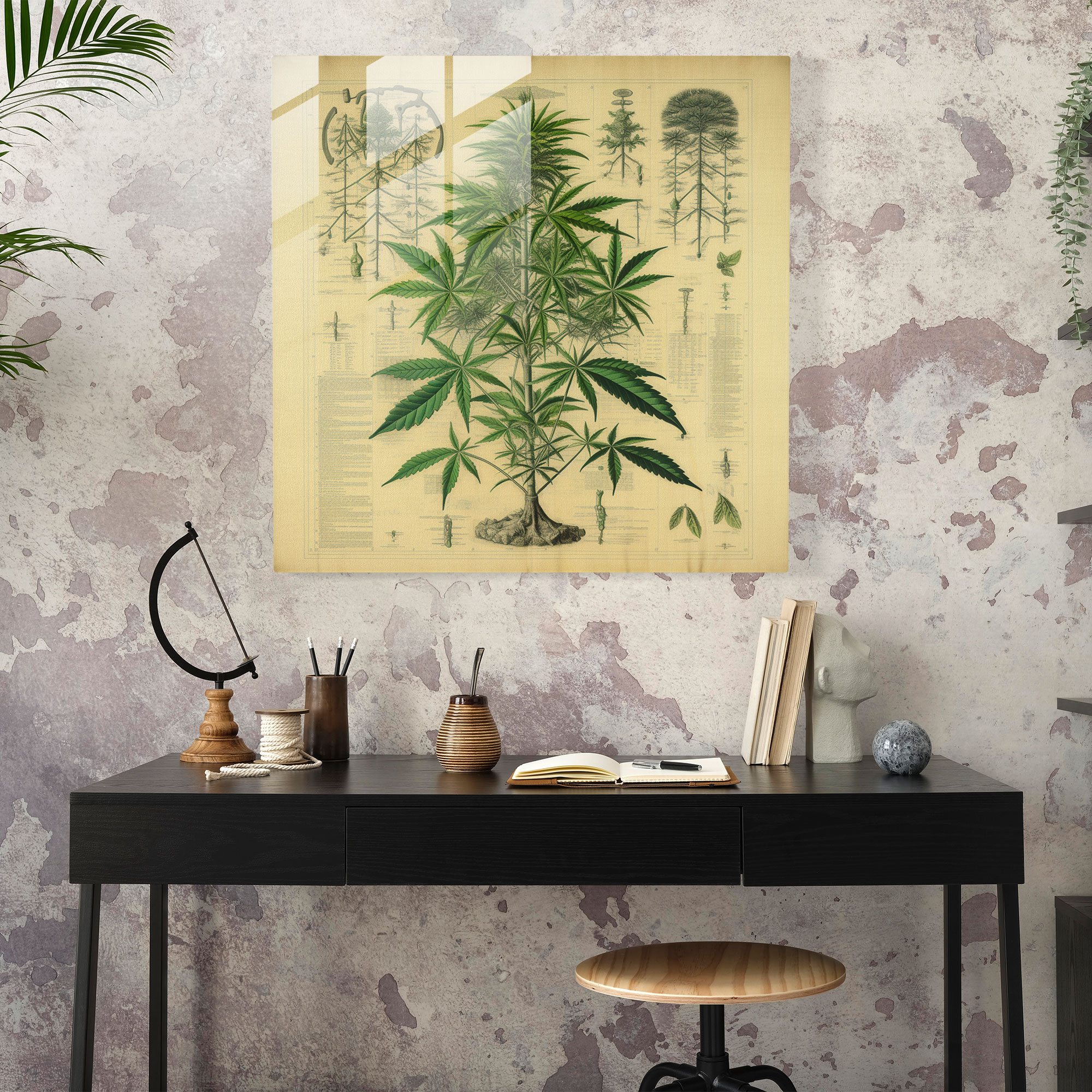 Bitkisel Zarafet Cam Tablo - Ot Modern Sanat Botanik Bilimsel İllüstrasyon