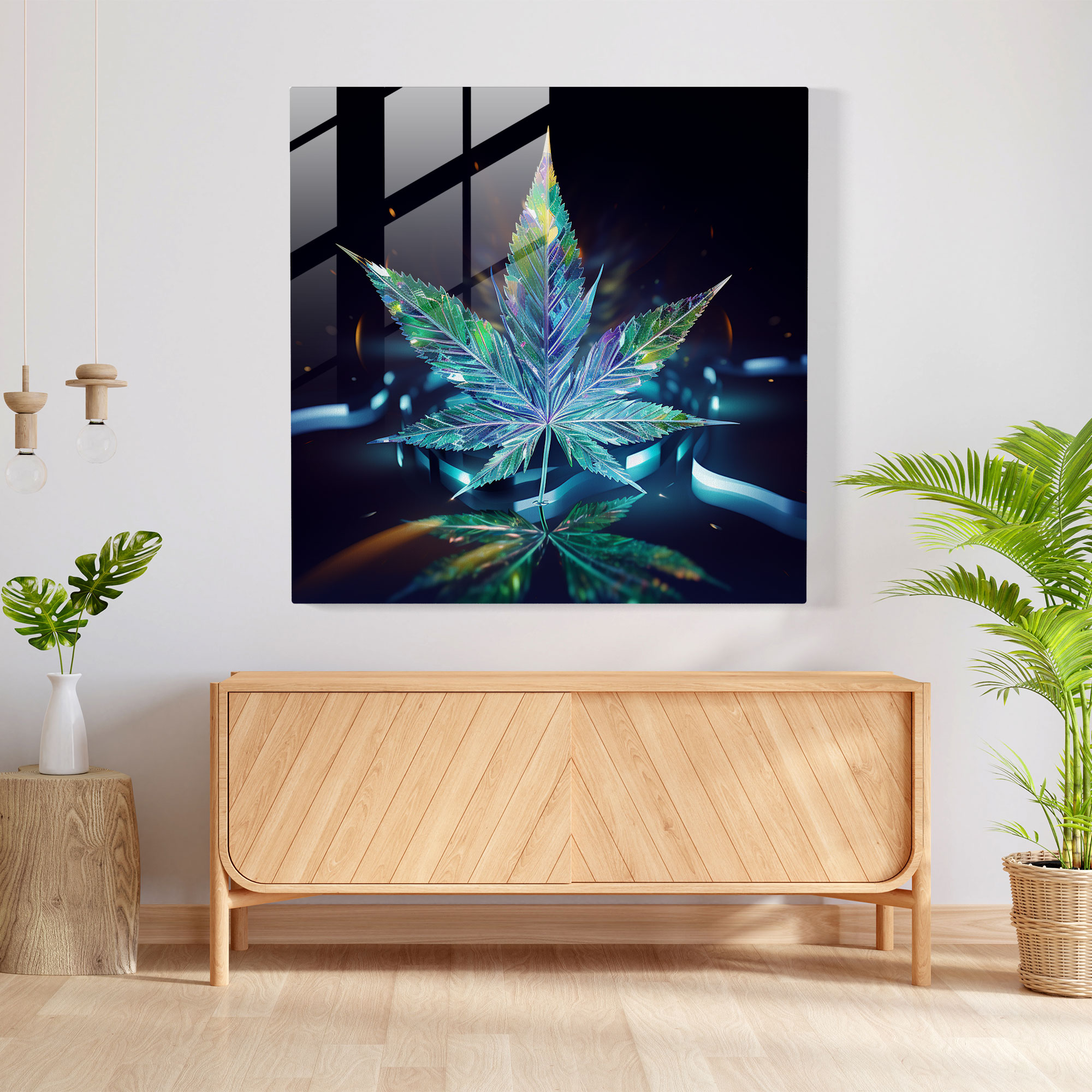 Holo Weed Glass Print - Weed, Futuristic Art, Modern Art, Wall Decoration