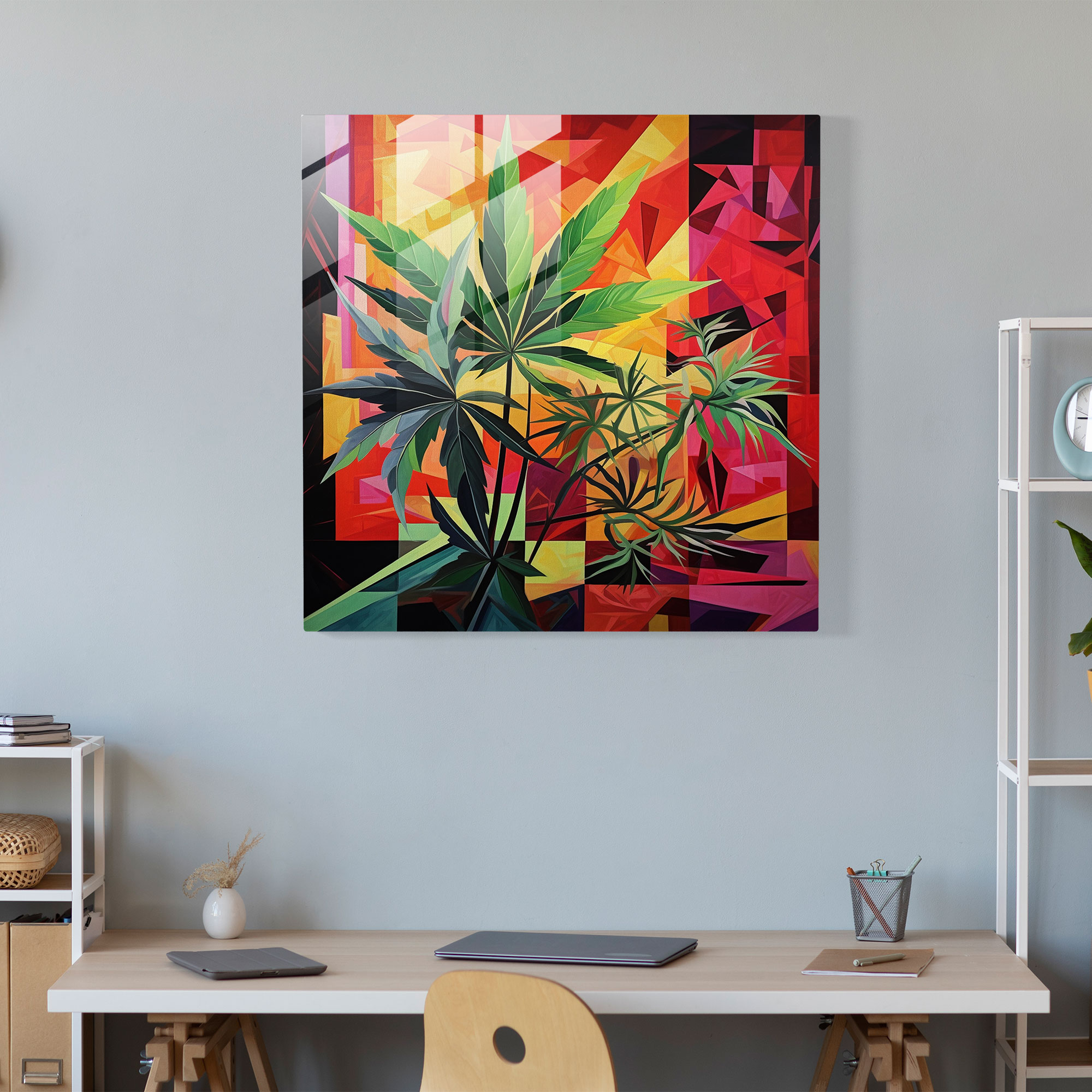 Weed Cubism Glass Print - Weed, Weed, Cubist Painting, Glass Wall Art