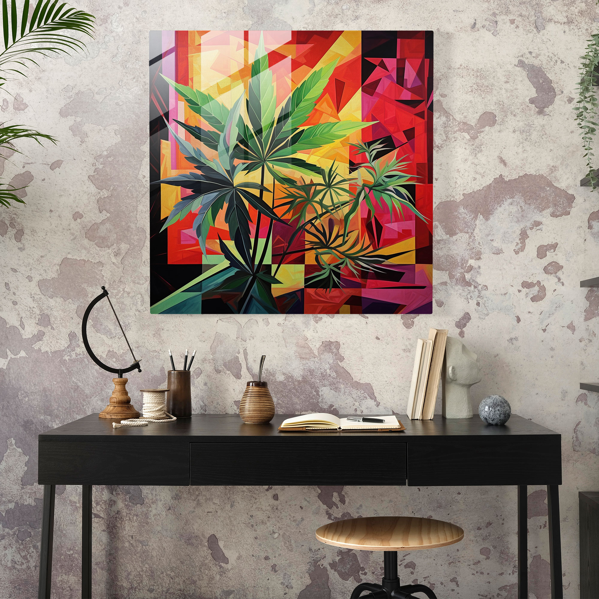 Weed Cubism Glass Print - Weed, Weed, Cubist Painting, Glass Wall Art