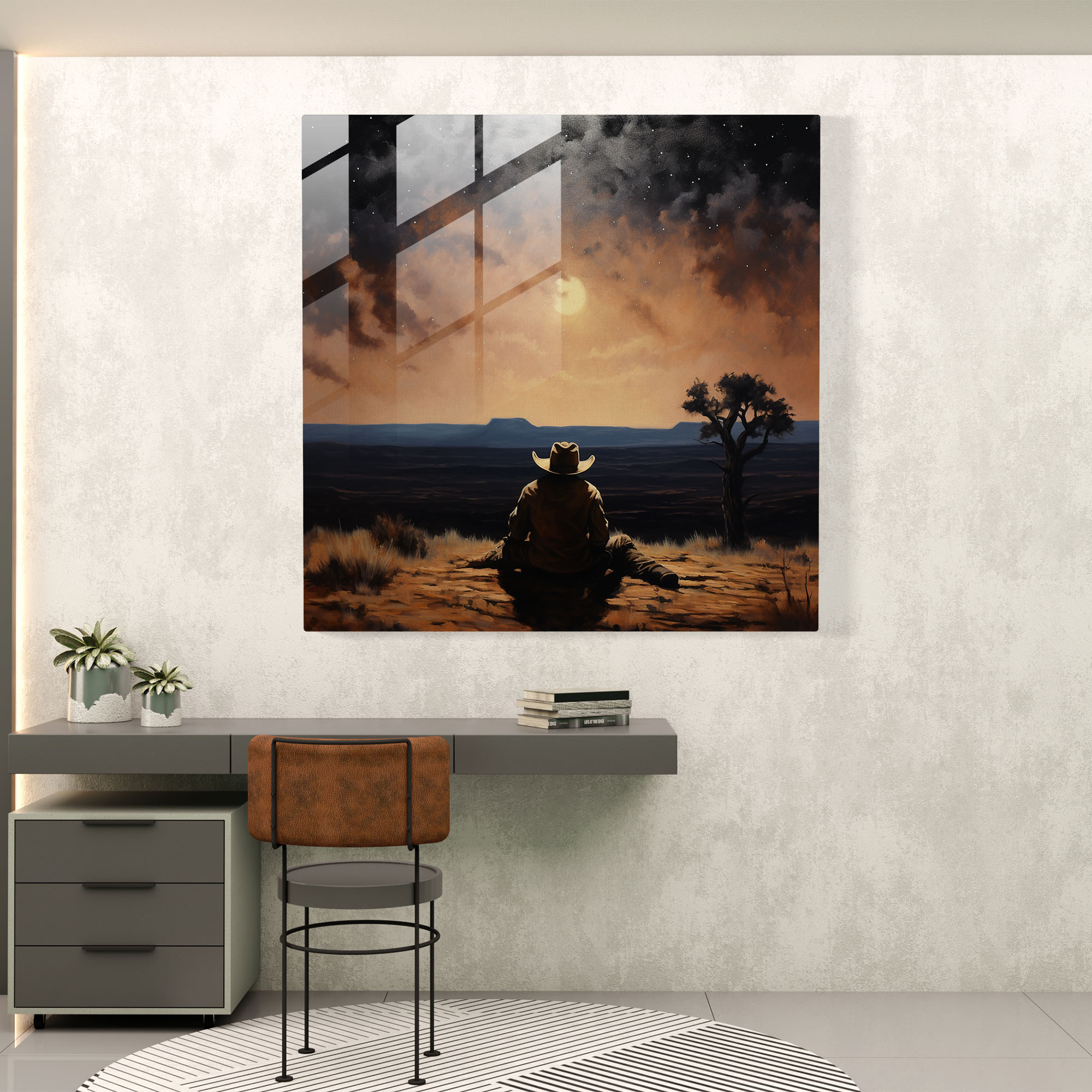 Glasbild Romantik pur - Einsamer Cowboy unter dem Sternenhimmel