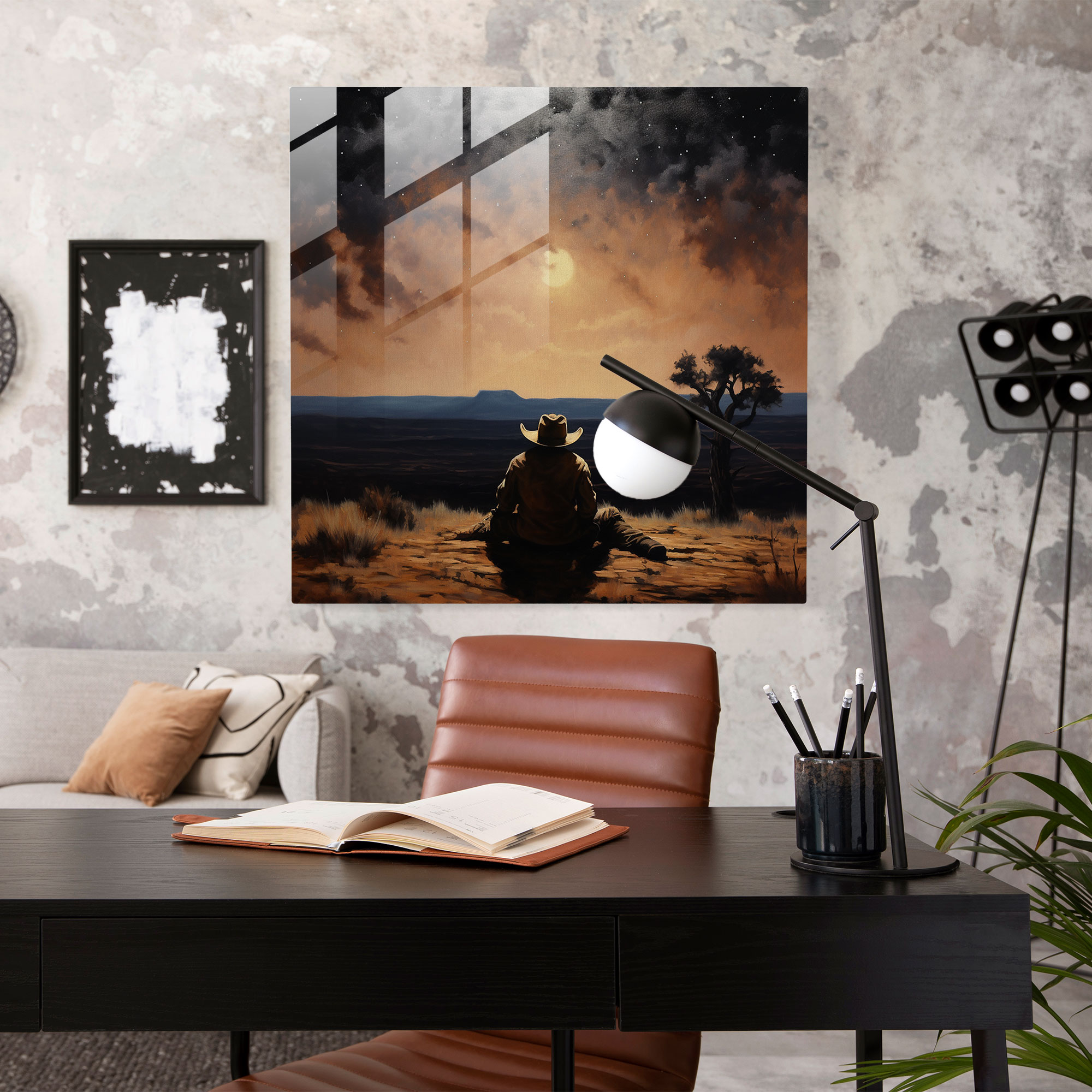 Glasbild Romantik pur - Einsamer Cowboy unter dem Sternenhimmel