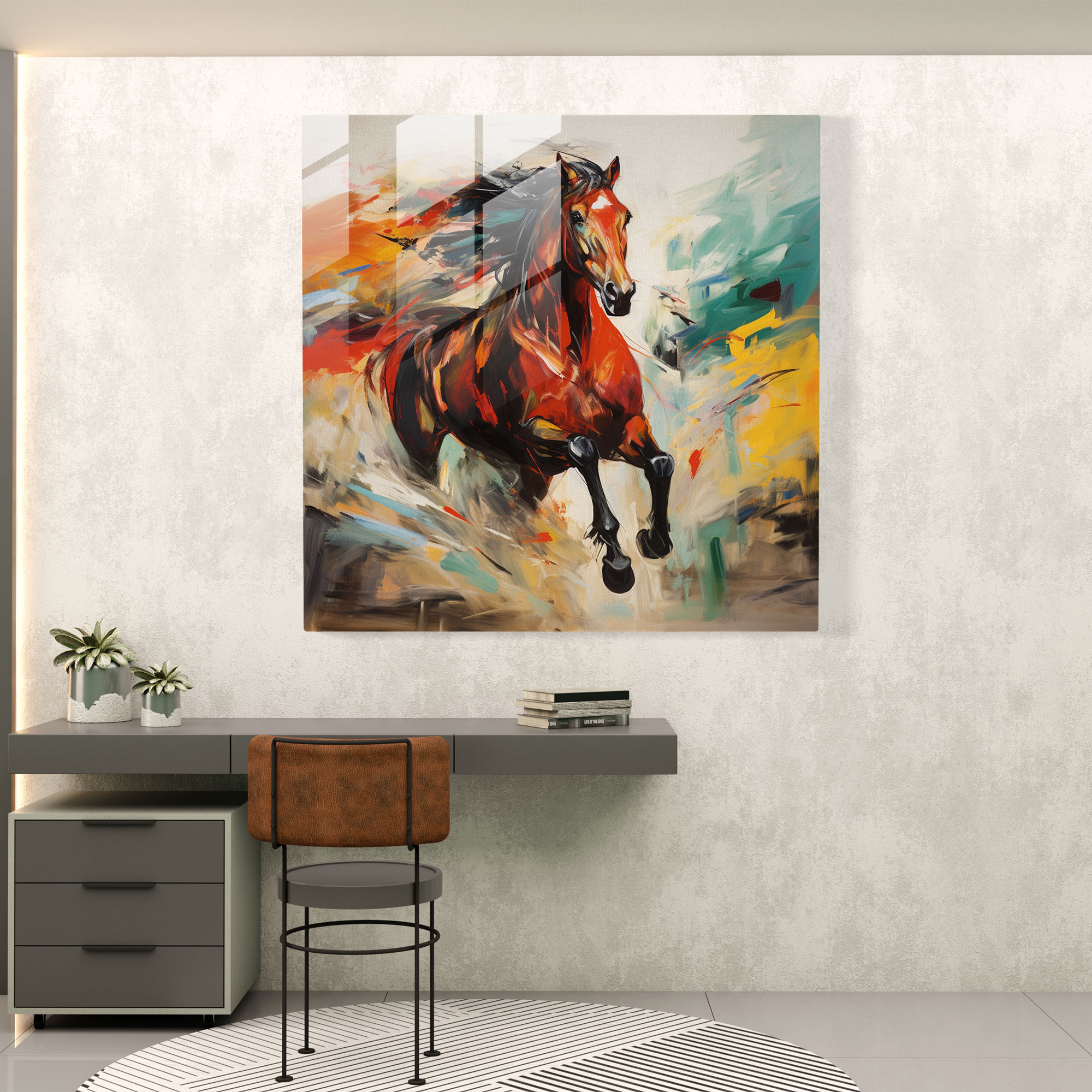 Energischer Expressionist Glasdruck - Galoppierendes Pferd in Feuriger Landschaft