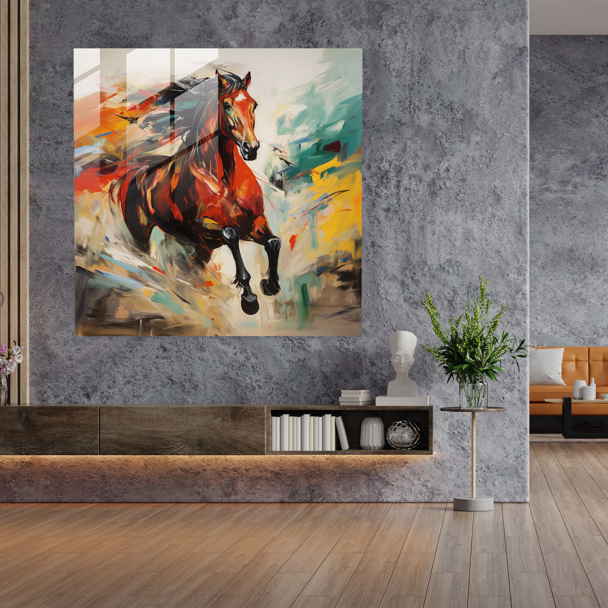 Energischer Expressionist Glasdruck - Galoppierendes Pferd in Feuriger Landschaft