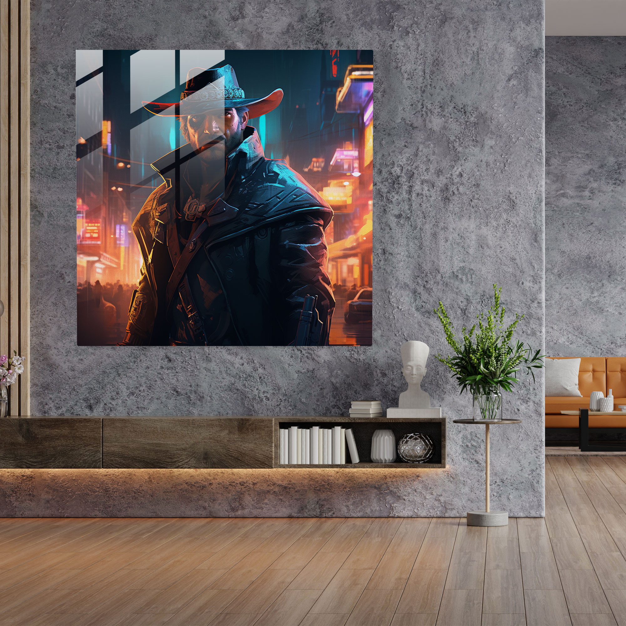 Cyberpunk Glasbild - Futuristischer Cowboy in Neon-Stadtszene