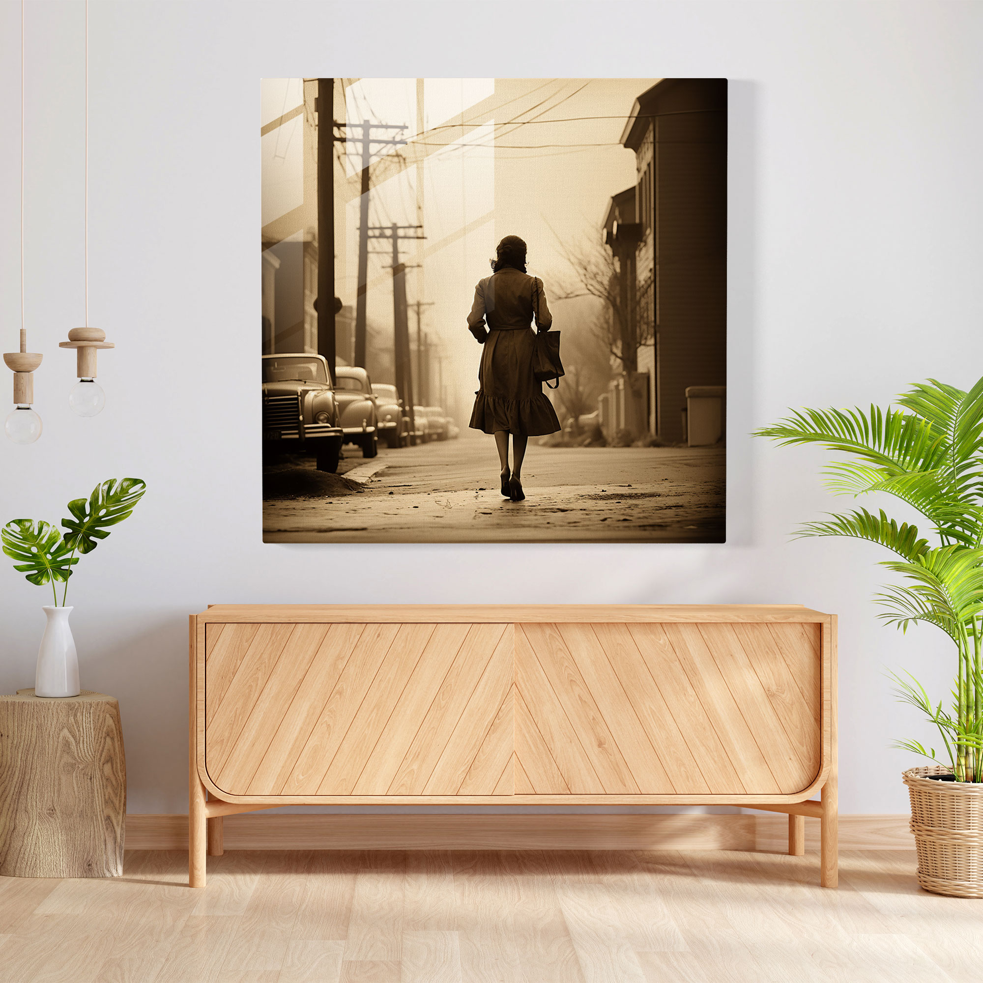 Glasbild: Ätherisches Impressionisten-Glasbild - Vintage-Sepia-Fotografie einer Frau die mit Wärme und Nostalgie eine Straße entlang geht - Glaswandkunst für die Wohnkultur und Wanddekoration