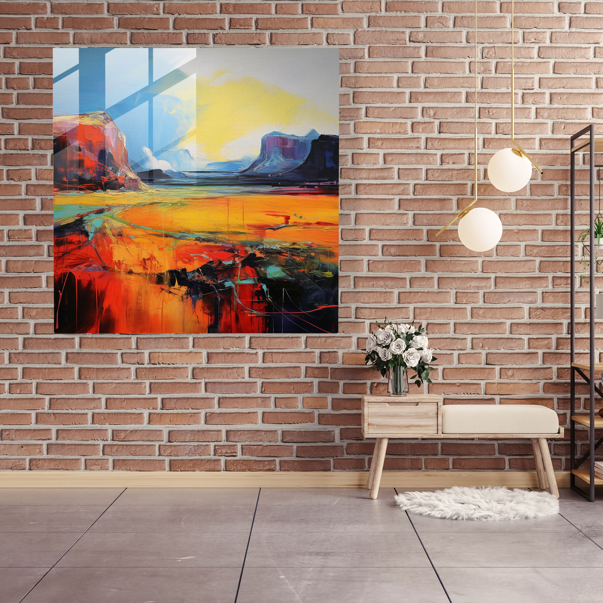 Faszinierendes expressionistisches Glasbild: Verzauberndes abstraktes Gemälde mit lebendigen Farben und kraftvollen Pinselstrichen - Darstellung einer malerischen westlichen Landschaft - Glaswandkunst für die Wohnraumgestaltung und Wanddekoration