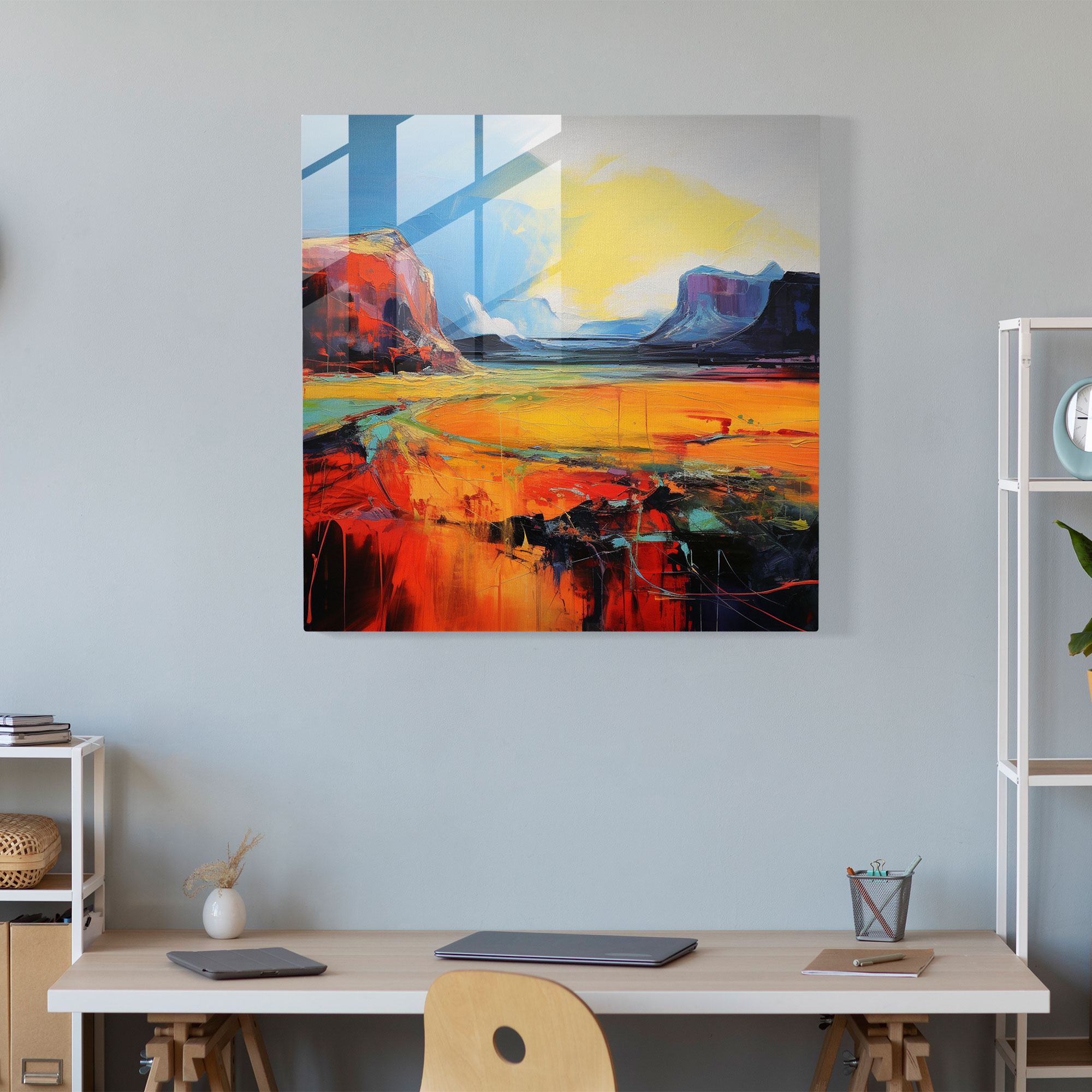 Faszinierendes expressionistisches Glasbild: Verzauberndes abstraktes Gemälde mit lebendigen Farben und kraftvollen Pinselstrichen - Darstellung einer malerischen westlichen Landschaft - Glaswandkunst für die Wohnraumgestaltung und Wanddekoration