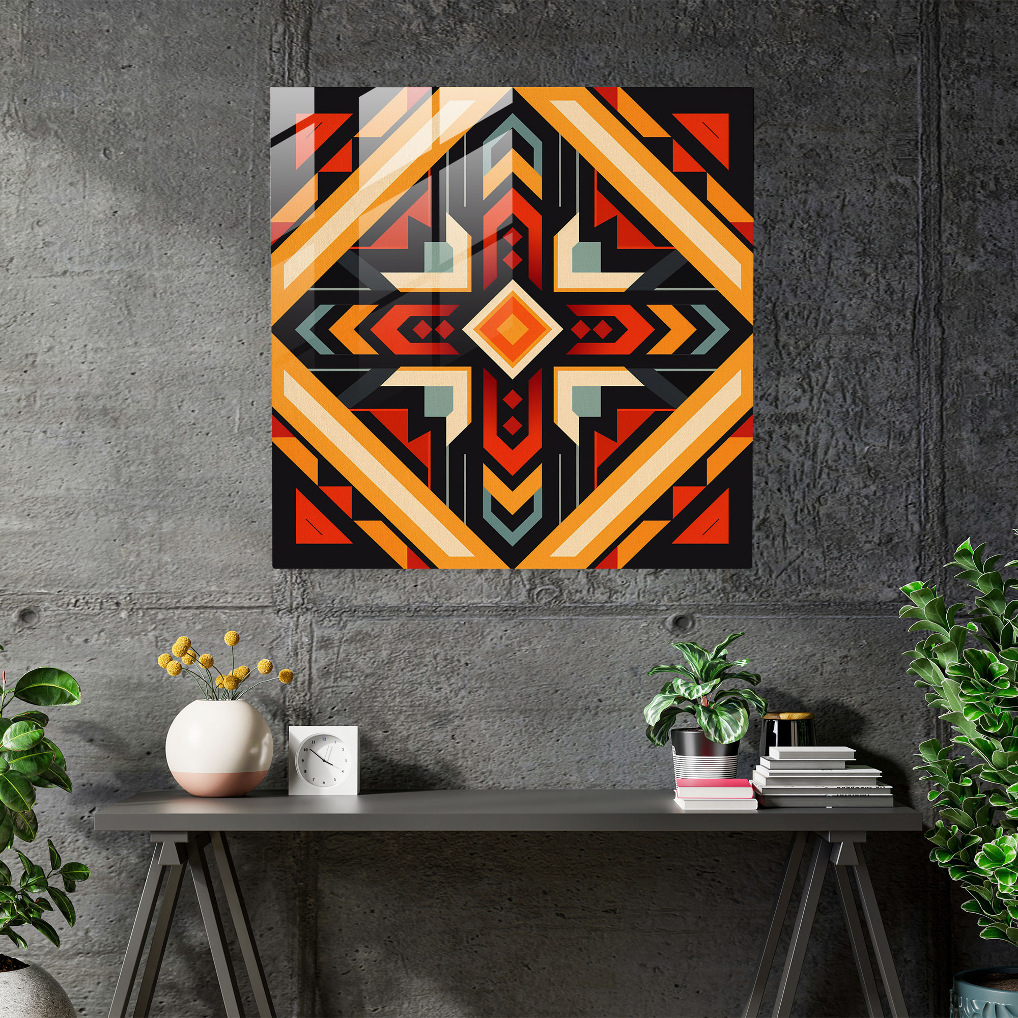 Dynamisches Kubistisches Glasbild: Zeitgenössisches geometrisches Design mit klaren Winkeln und kontrastreichen Farben - Inspiriert von der Kultur der amerikanischen Ureinwohner - Glaswandkunst für die Dekoration zu Hause und an der Wand.