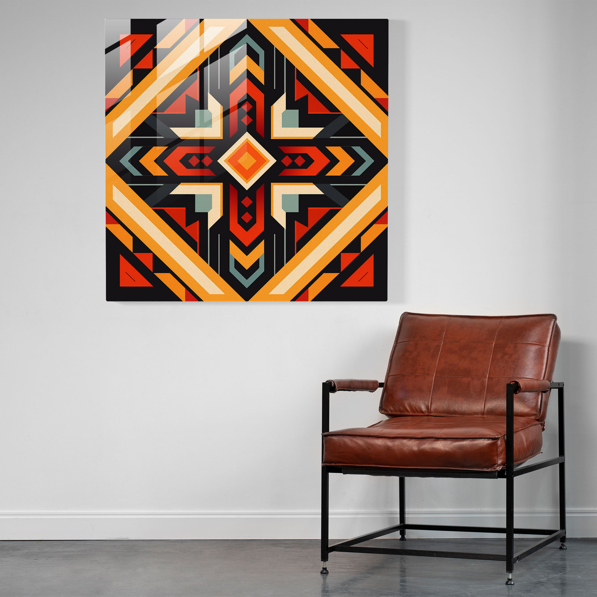 Dynamisches Kubistisches Glasbild: Zeitgenössisches geometrisches Design mit klaren Winkeln und kontrastreichen Farben - Inspiriert von der Kultur der amerikanischen Ureinwohner - Glaswandkunst für die Dekoration zu Hause und an der Wand.