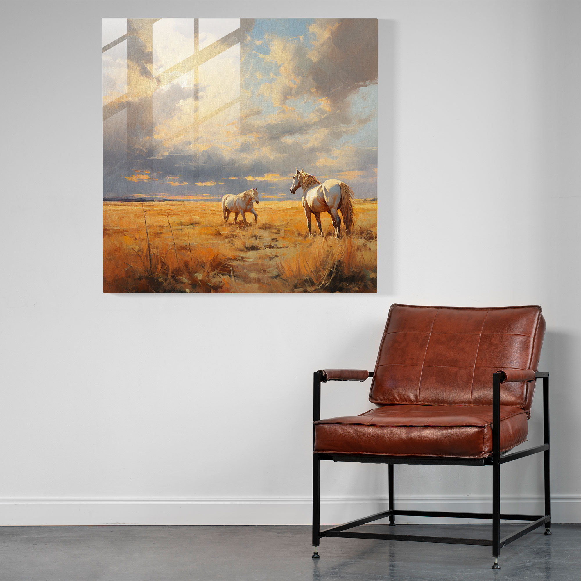 Sanfter Impressionist Glasdruck: Impressionistische Landschaft mit weichen Pinselstrichen und dezenten Farbtönen - Pferde grasen auf weiten Prärien - Glasbild für die Heimdekoration und Wandgestaltung.