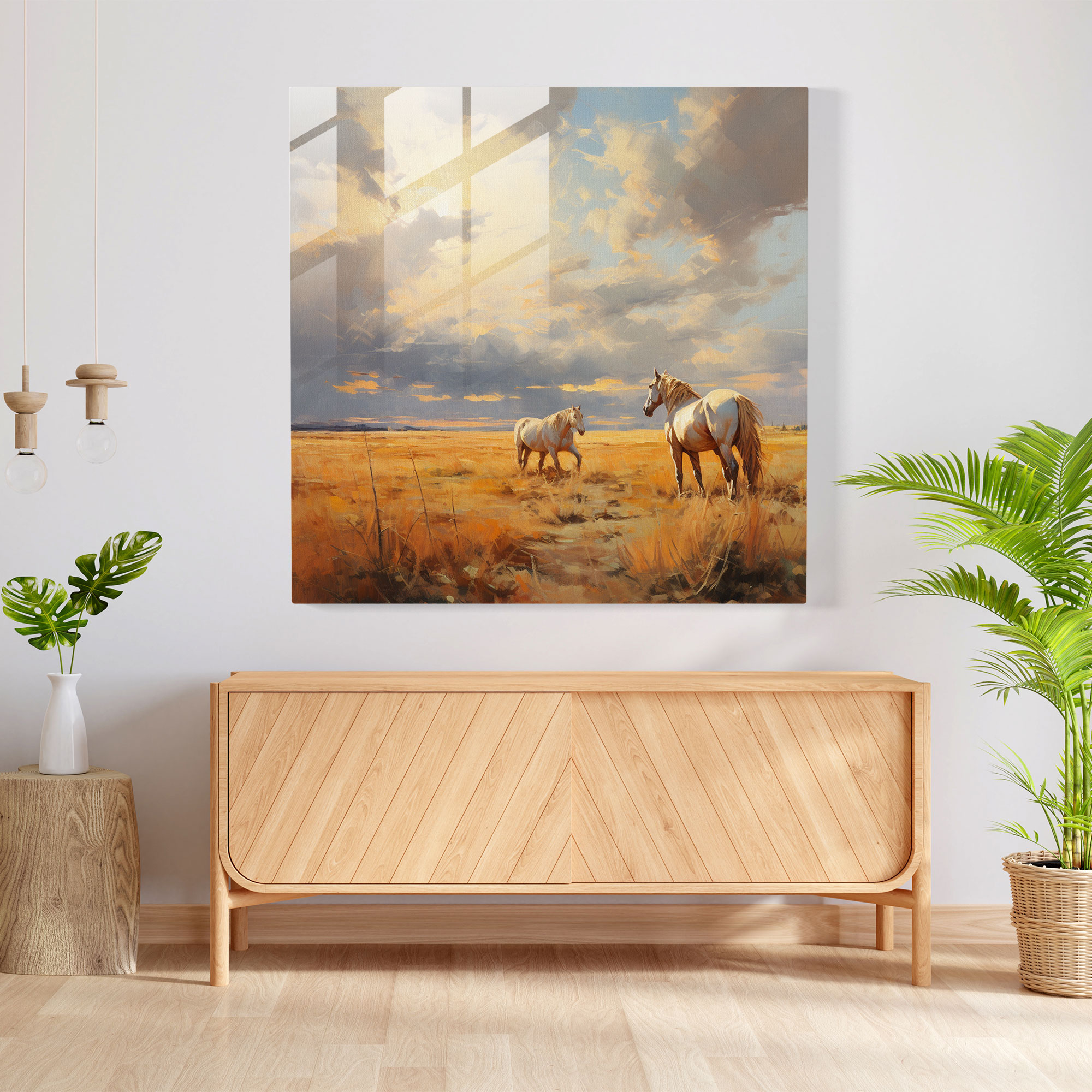 Sanfter Impressionist Glasdruck: Impressionistische Landschaft mit weichen Pinselstrichen und dezenten Farbtönen - Pferde grasen auf weiten Prärien - Glasbild für die Heimdekoration und Wandgestaltung.